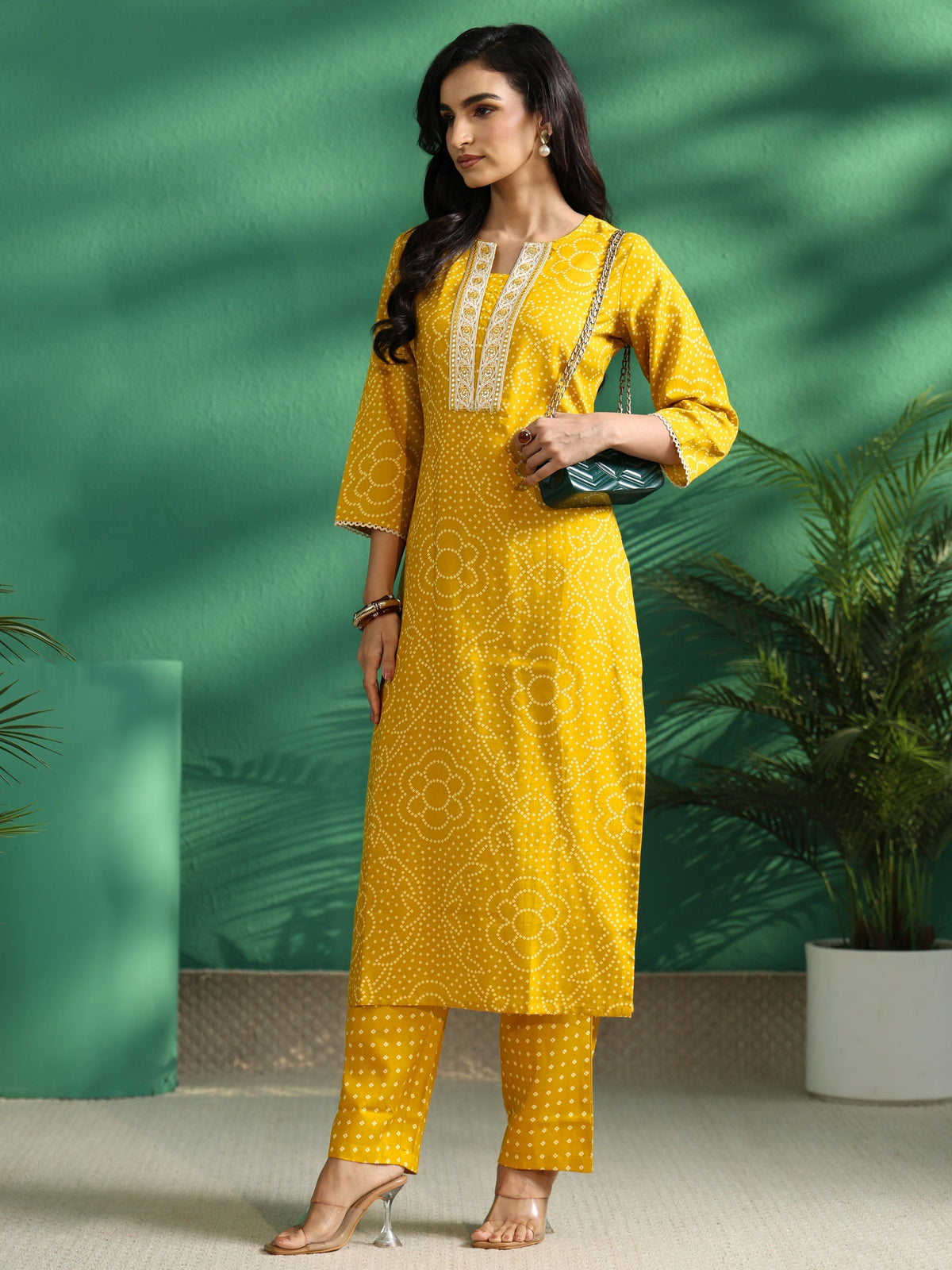 Anouk Mustard Bandhani Cotton Blend A-Line Kurta Set