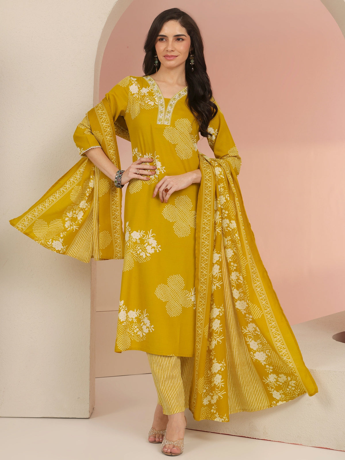 Anouk Mustard Bandhani Printed Cotton Blend Straight Suit Set