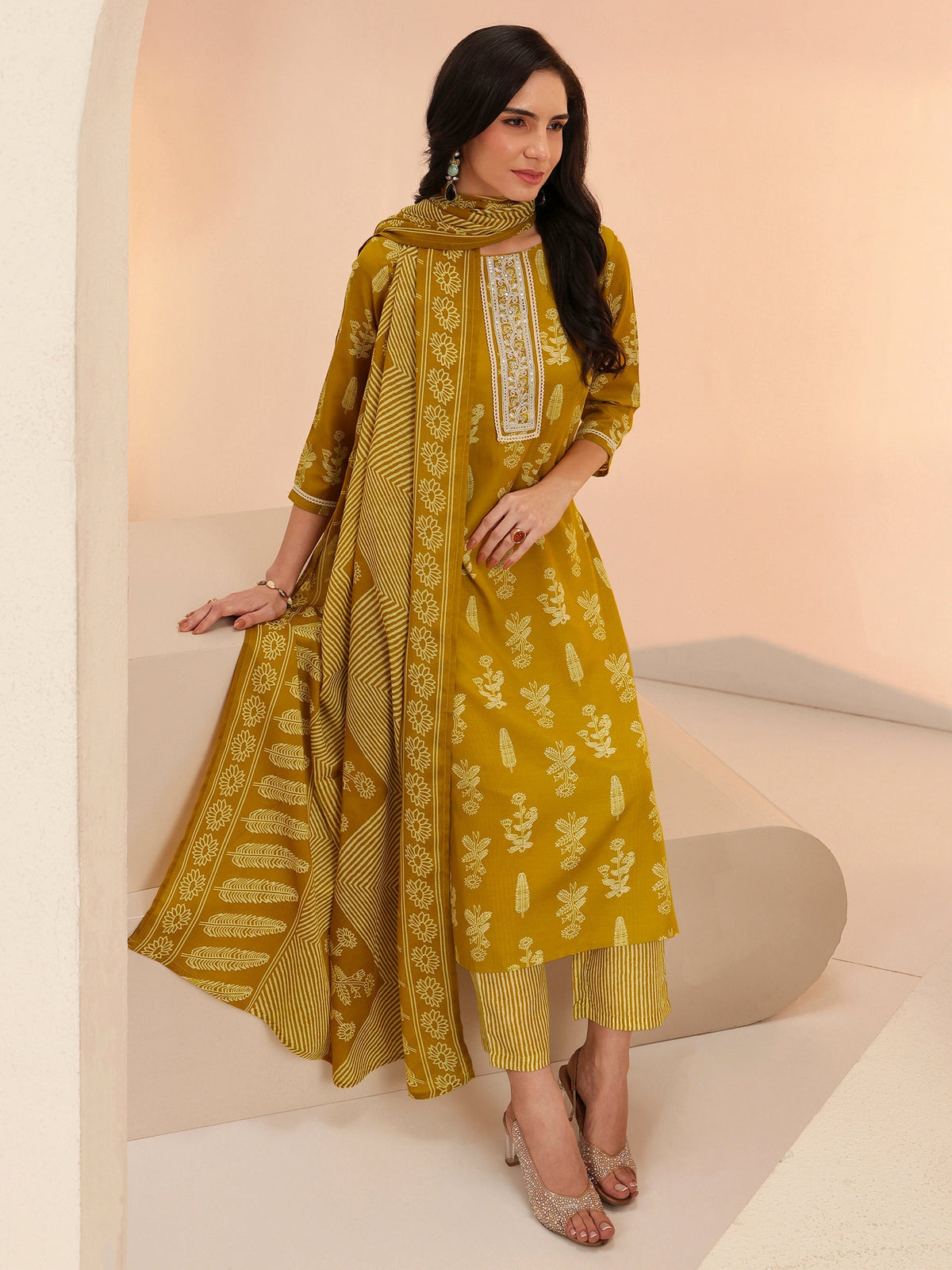 Anouk Mustard Floral Printed Cotton Blend Straight Suit Set
