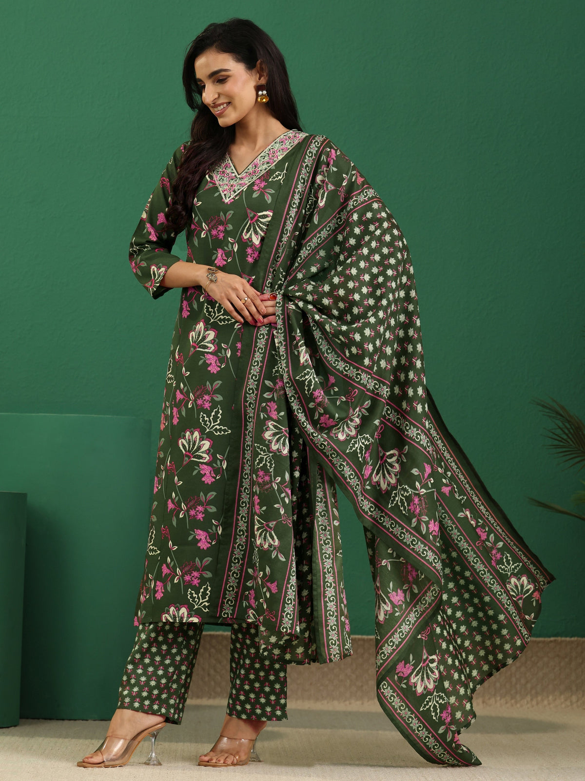 Anouk Olive Green Floral Printed Cotton Blend A-Line Suit Set