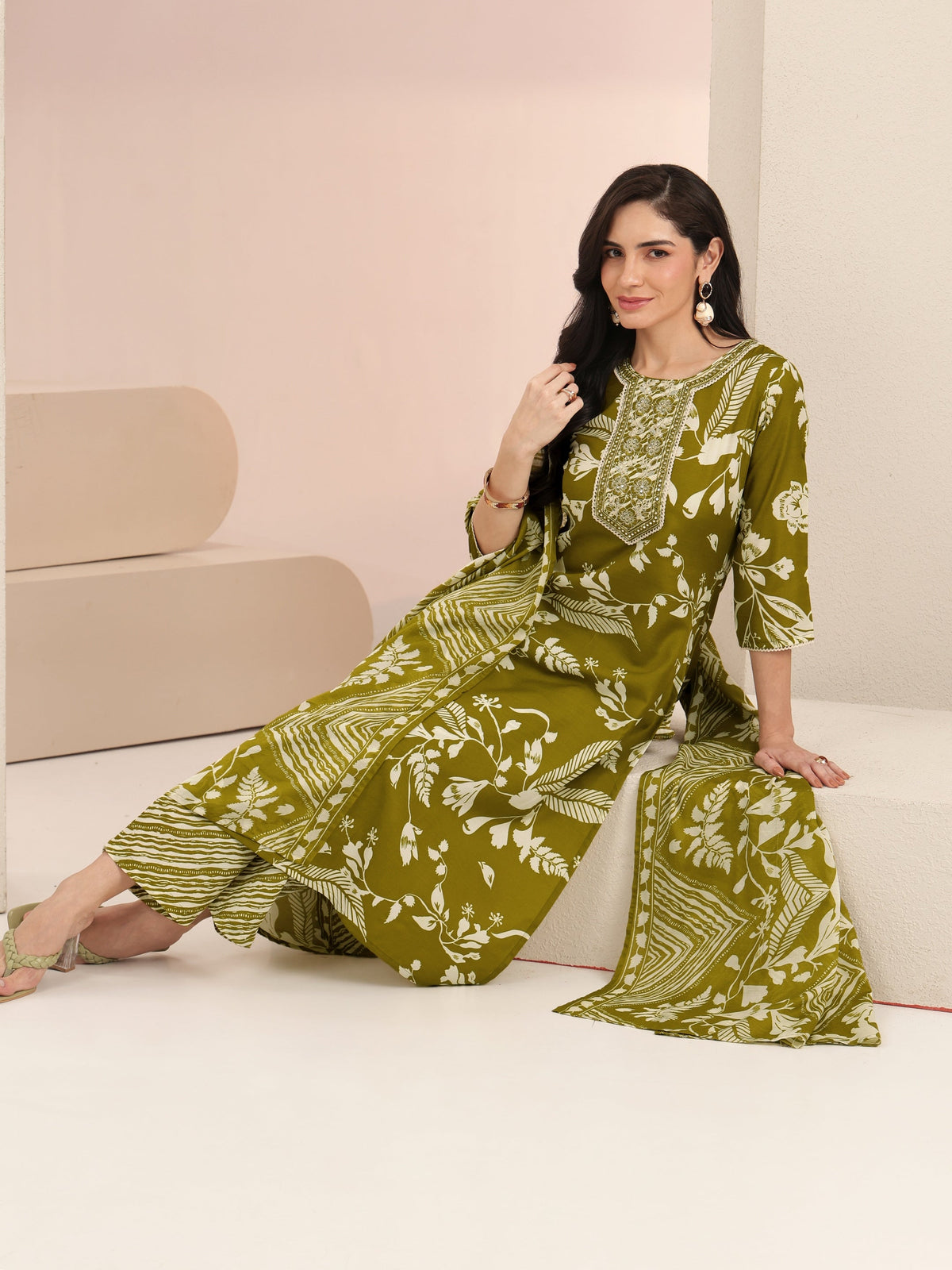 Anouk Olive Green Floral Printed Cotton Blend Straight Suit Set