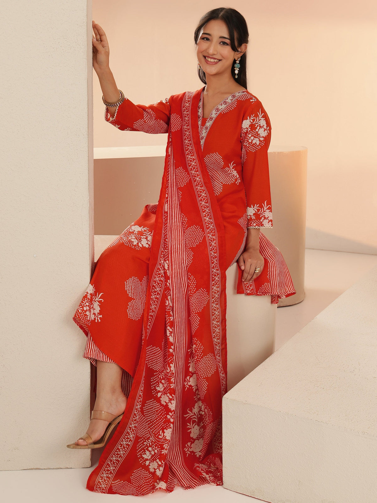 Anouk Orange Bandhani Printed Cotton Blend Straight Suit Set