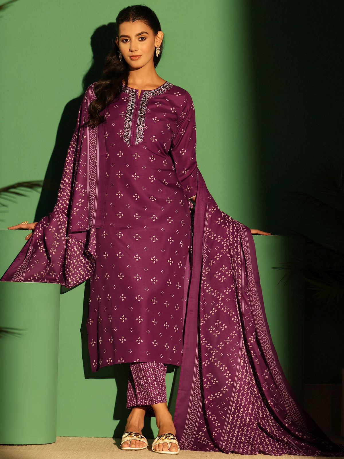 Anouk Plum Purple Bandhani Printed Cotton Blend Straight Suit Set
