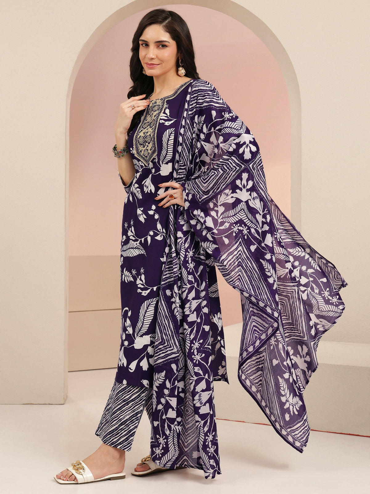 Anouk Plum Purple Floral Printed Cotton Blend Straight Suit Set