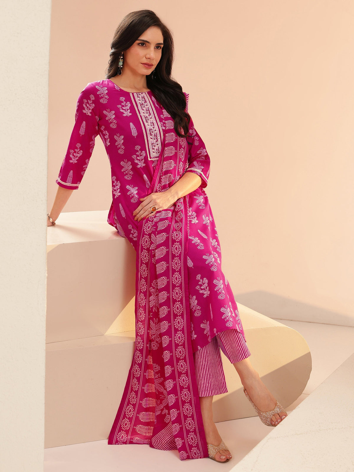 Anouk Rani Pink Floral Printed Cotton Blend Straight Suit Set