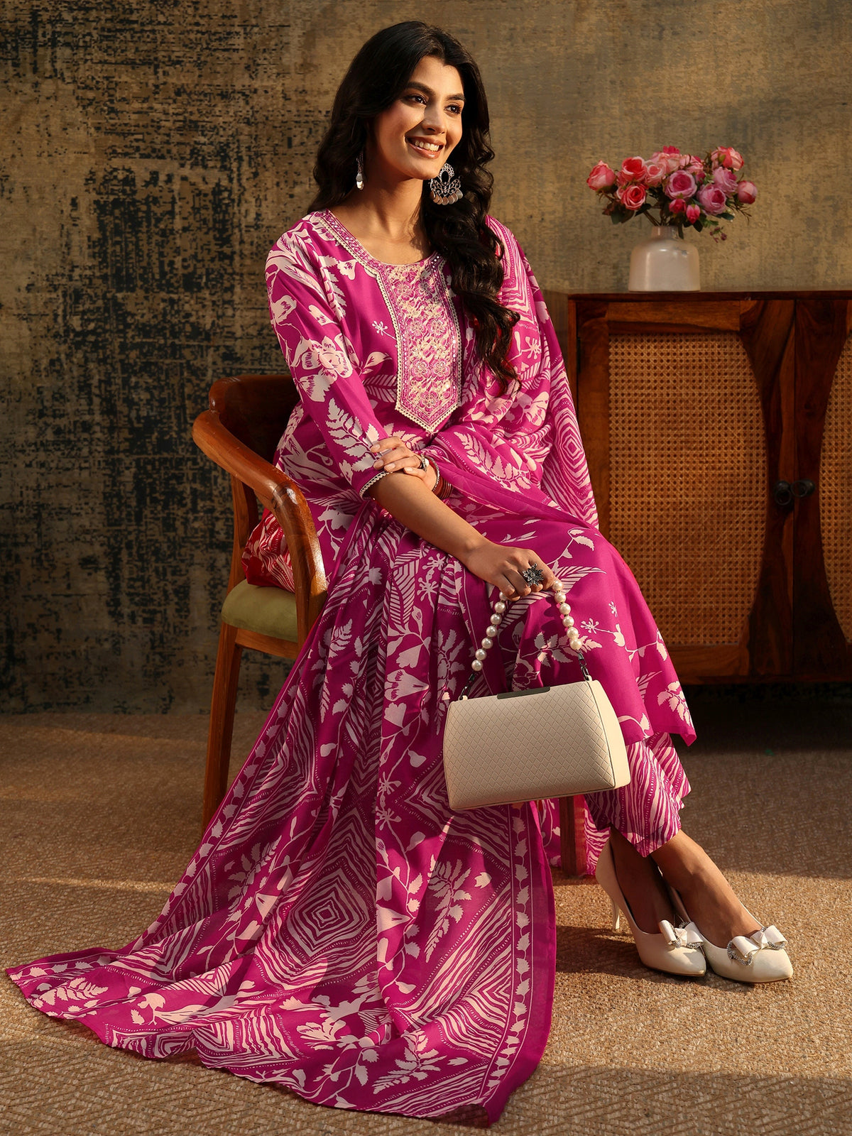 Anouk Rani Pink Floral Printed Cotton Blend Straight Suit Set