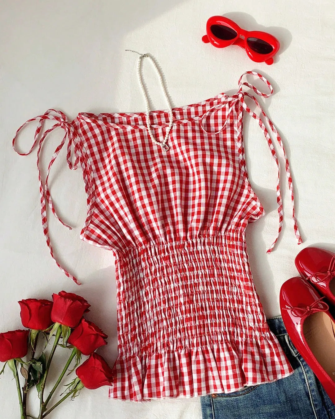 Gingham Smocked Tie Strap Crop Top
