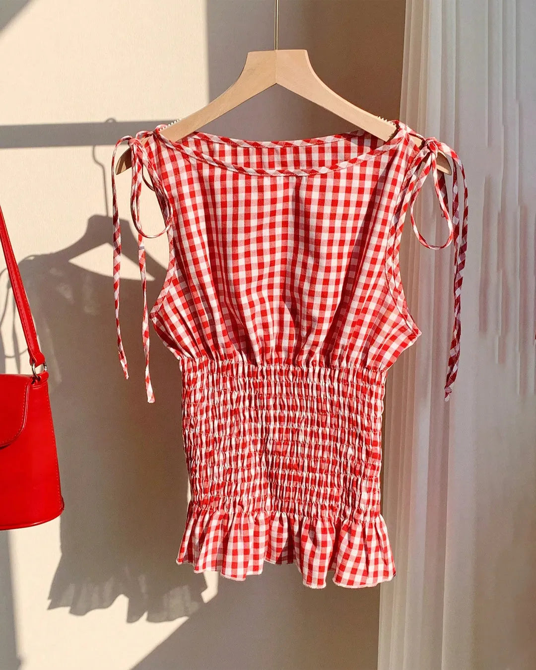 Gingham Smocked Tie Strap Crop Top