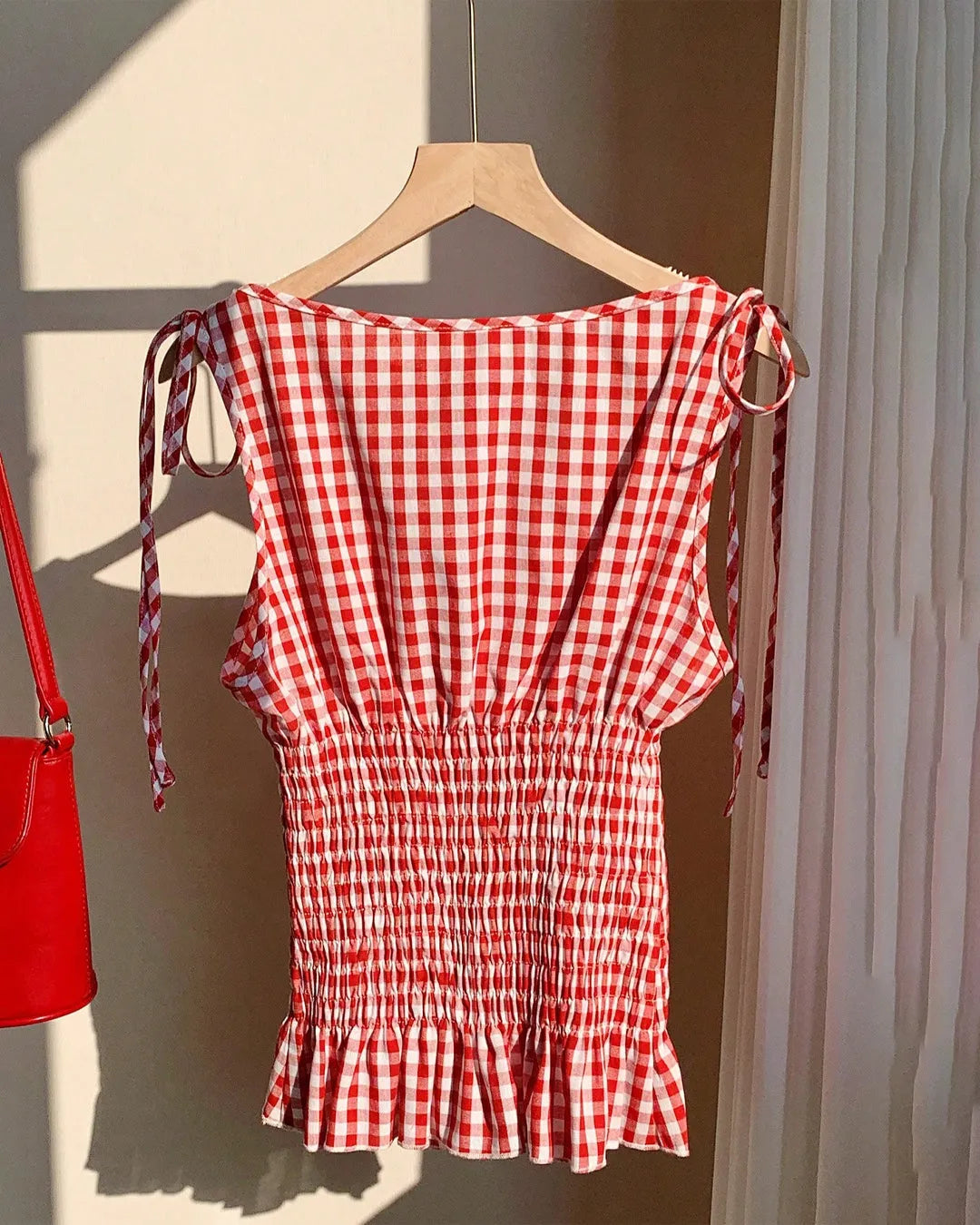 Gingham Smocked Tie Strap Crop Top