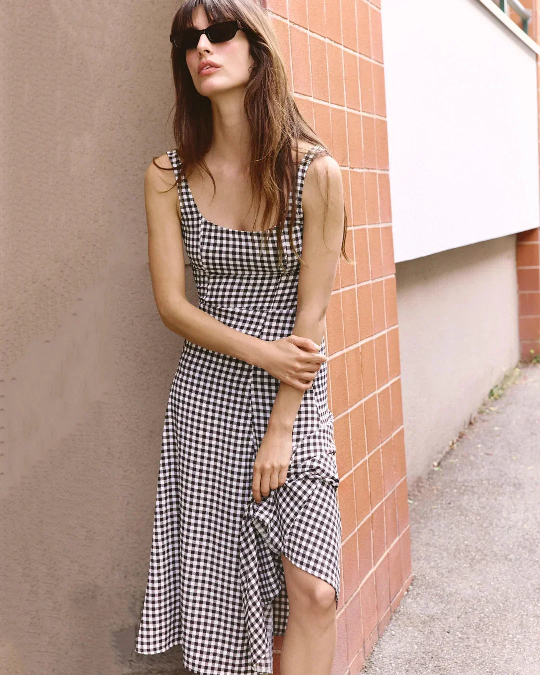 Gingham Square Neck Sleeveless Midi Dress