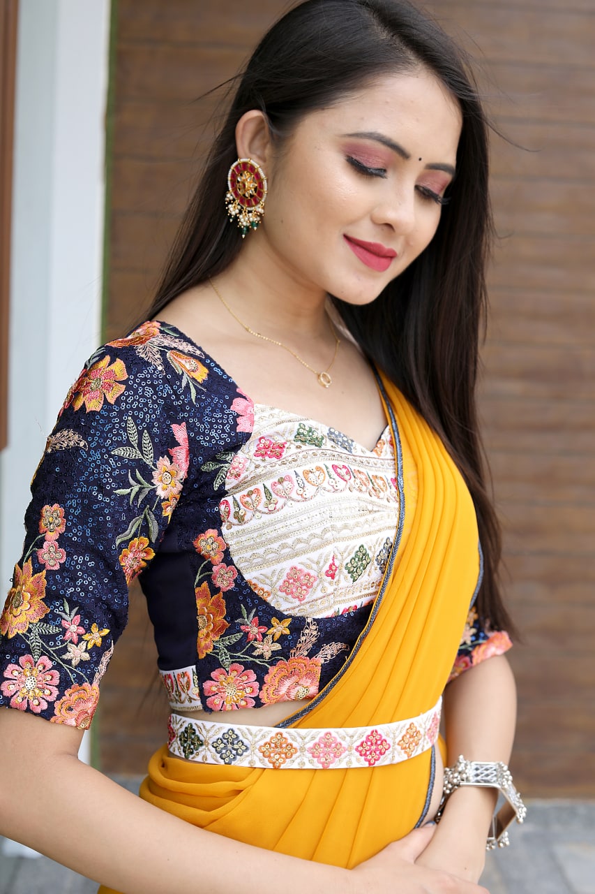 Glamourous Yellow Color Saree With Stitched Blouse
