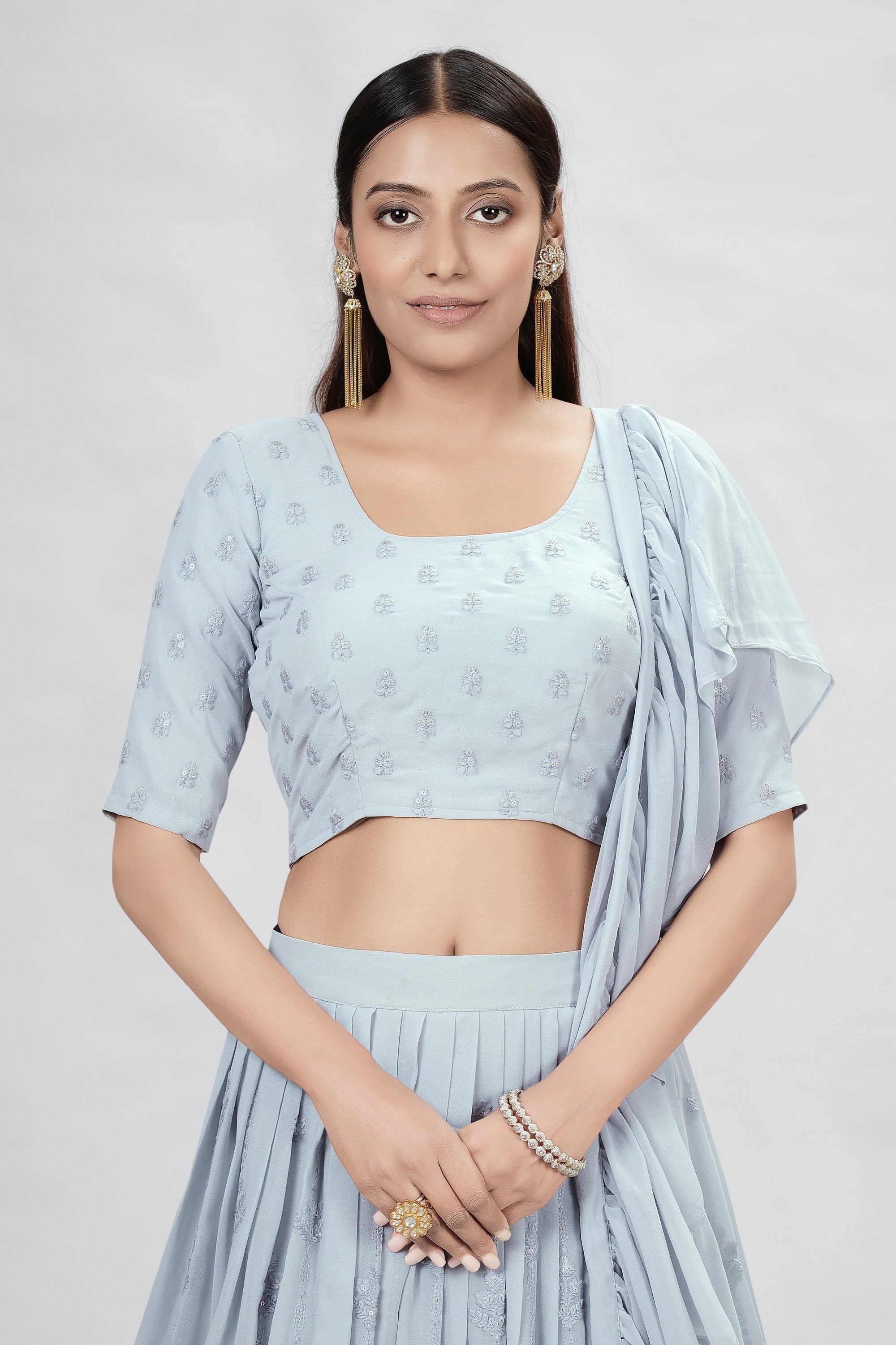 Gray Indian Georgette Lehenga Choli With Ruffle Dupatta For Indian Festival & Weddings - Sequence Embroidery Work,