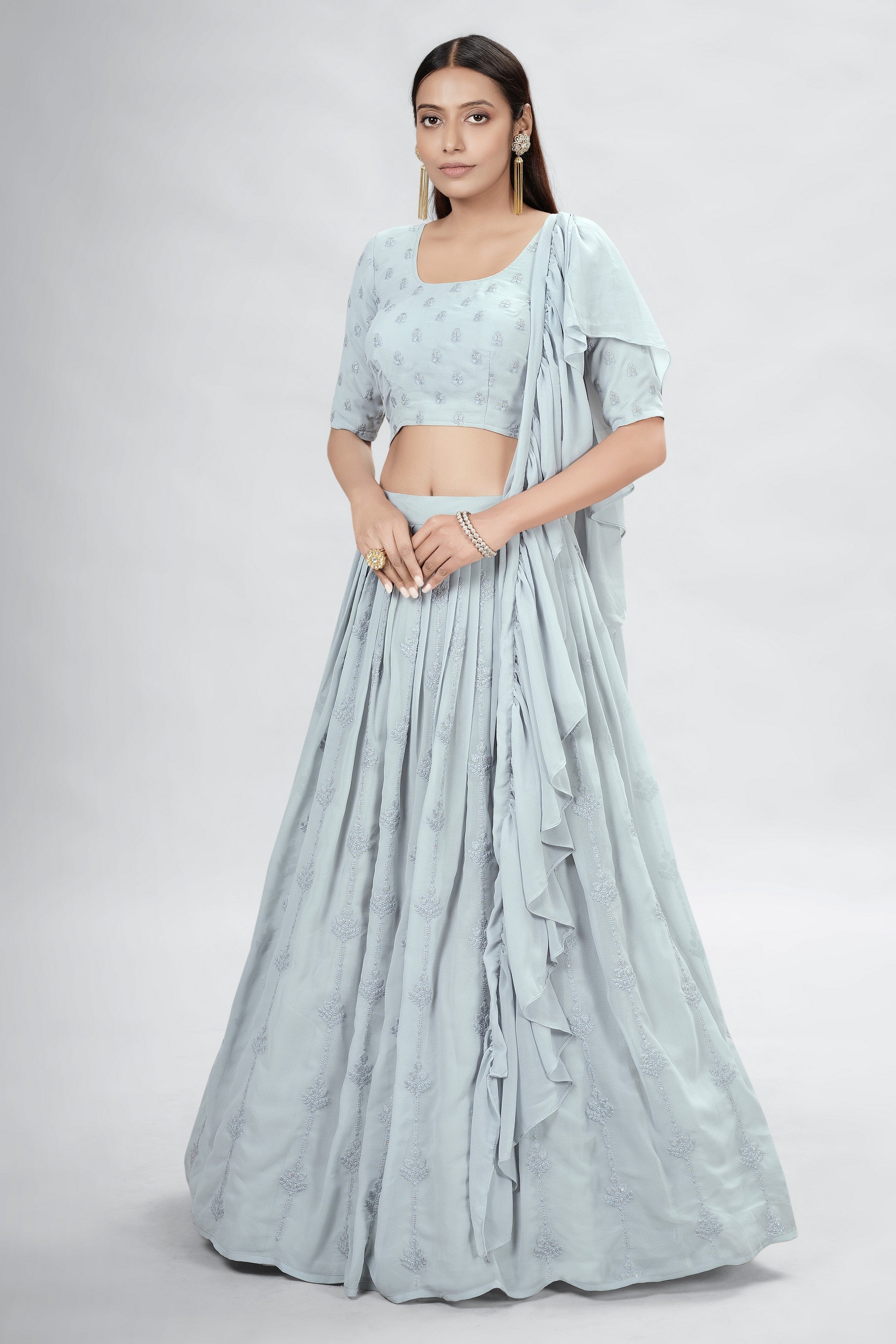 Gray Indian Georgette Lehenga Choli With Ruffle Dupatta For Indian Festival & Weddings - Sequence Embroidery Work,