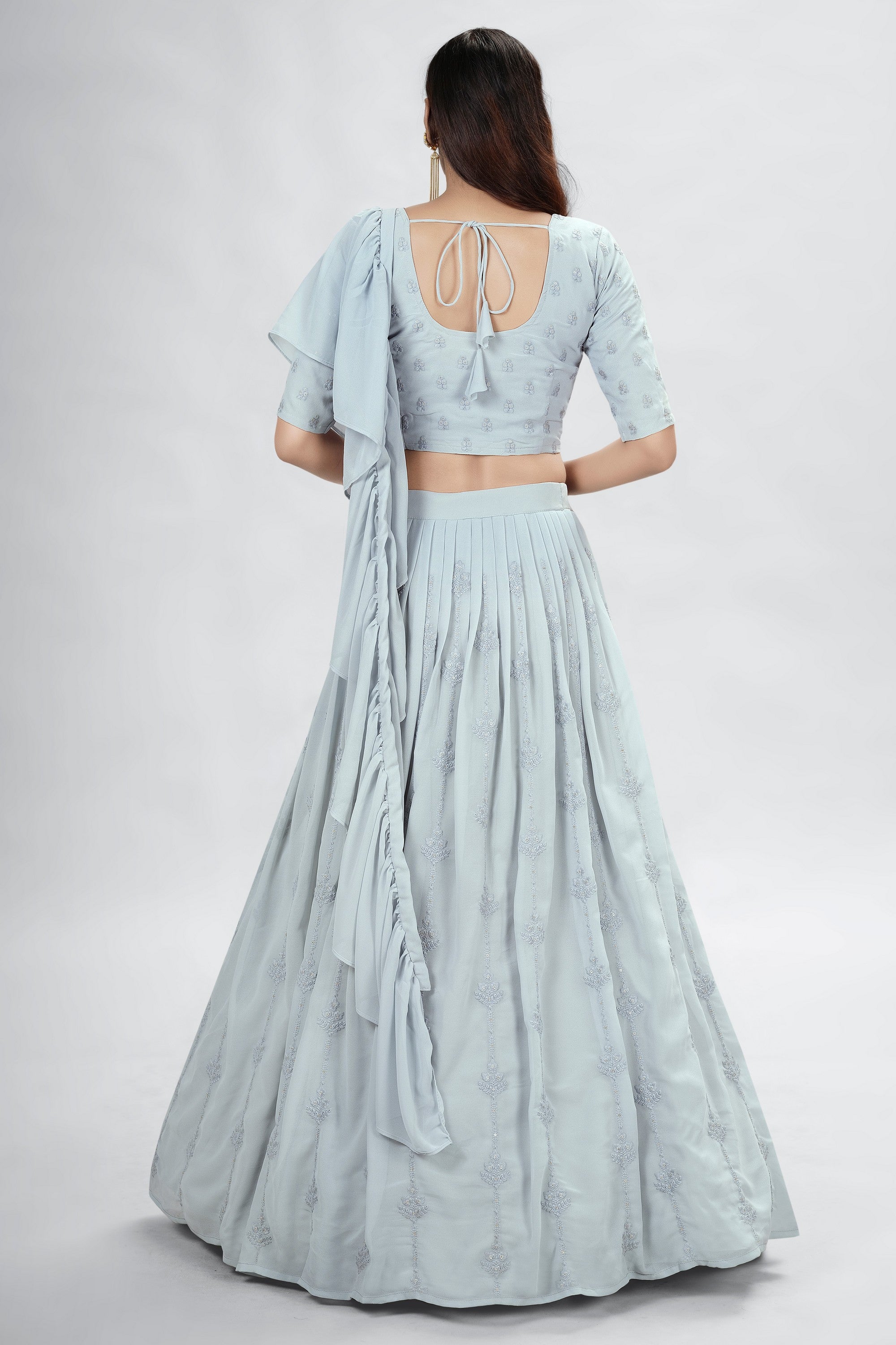 Gray Indian Georgette Lehenga Choli With Ruffle Dupatta For Indian Festival & Weddings - Sequence Embroidery Work,