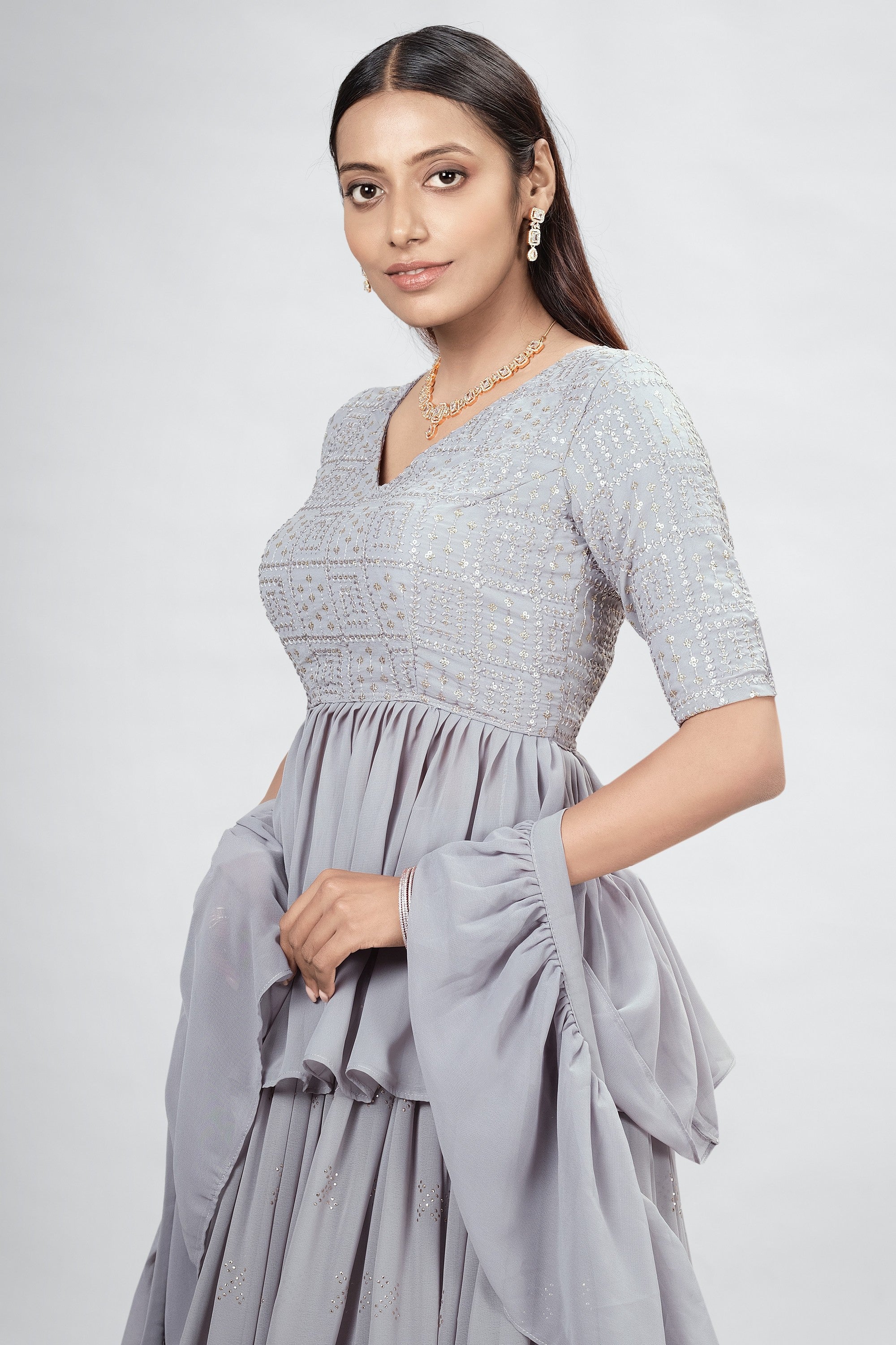 Gray Indian Georgette Lehenga Choli With Ruffle Dupatta For Indian Festival & Weddings - Sequence Embroidery Work, Mukaish Work