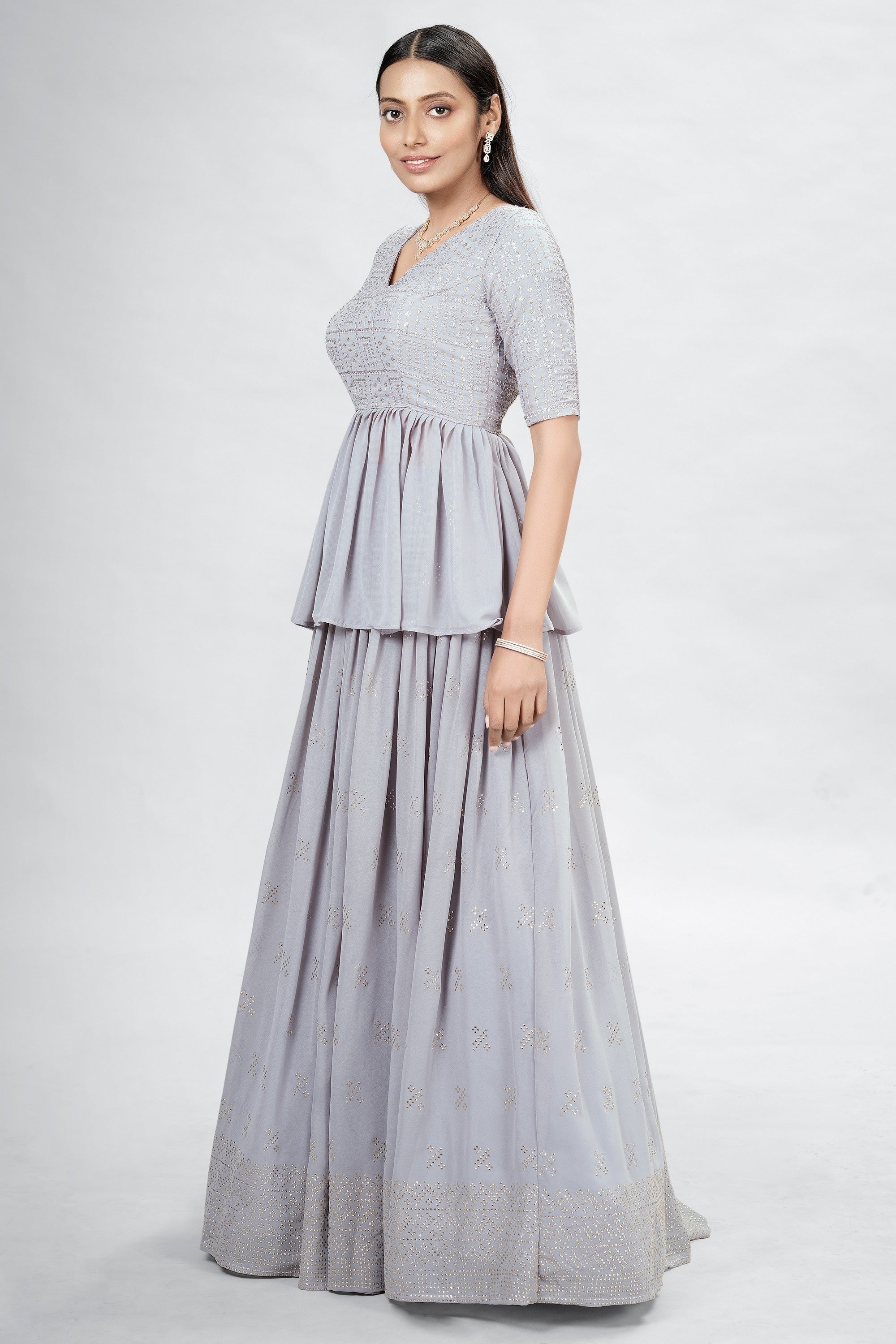 Gray Indian Georgette Lehenga Choli With Ruffle Dupatta For Indian Festival & Weddings - Sequence Embroidery Work, Mukaish Work