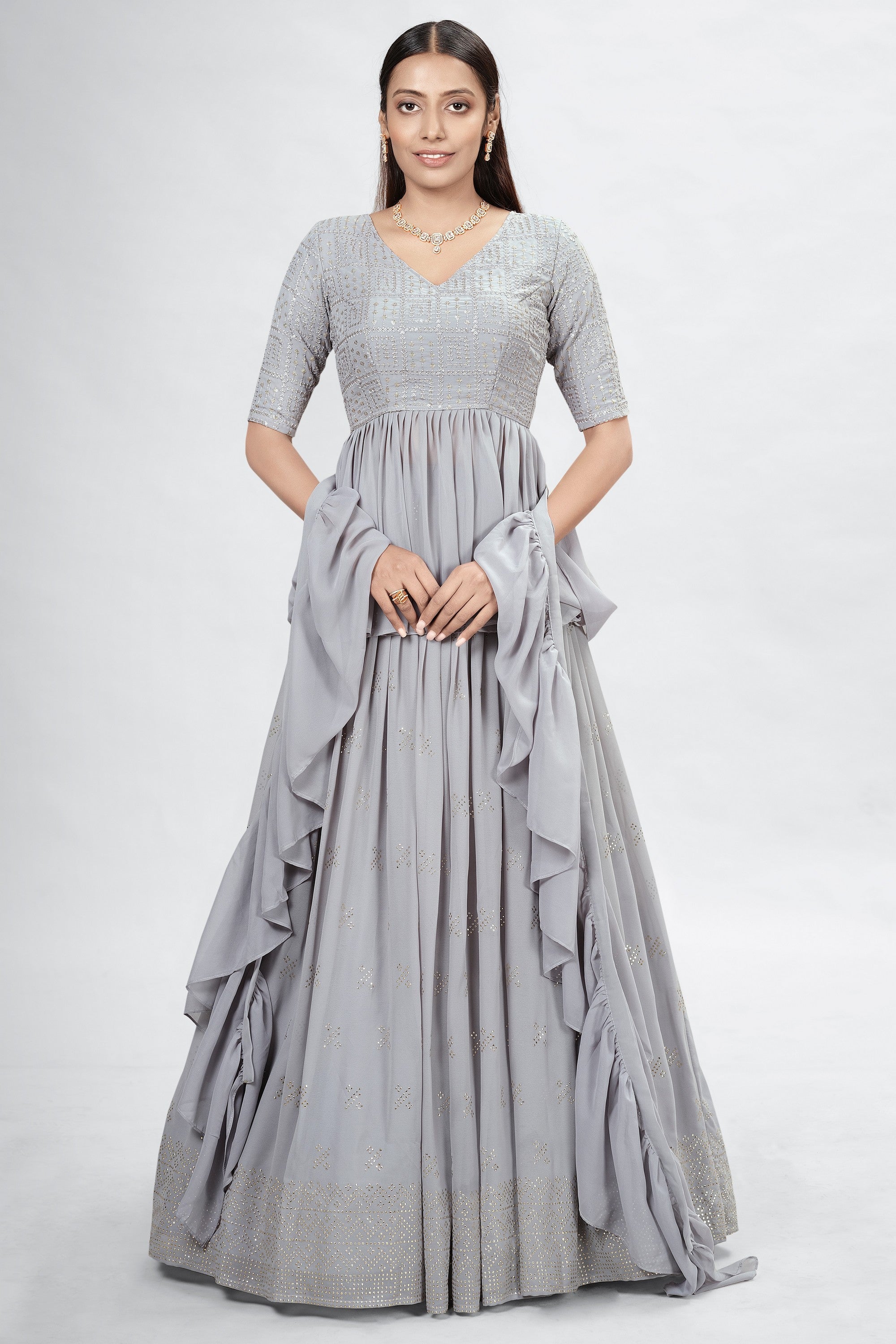 Gray Indian Georgette Lehenga Choli With Ruffle Dupatta For Indian Festival & Weddings - Sequence Embroidery Work, Mukaish Work