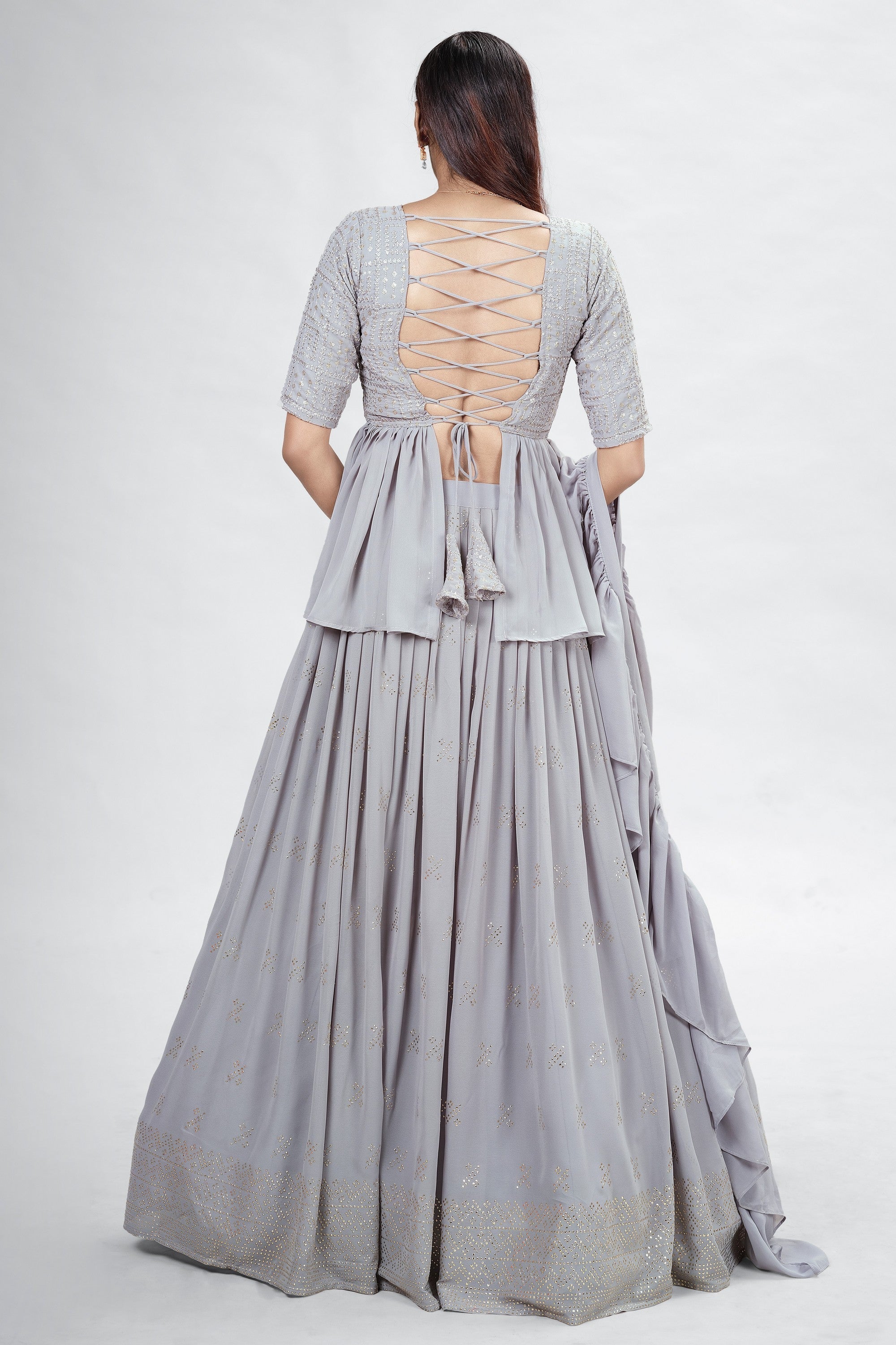 Gray Indian Georgette Lehenga Choli With Ruffle Dupatta For Indian Festival & Weddings - Sequence Embroidery Work, Mukaish Work