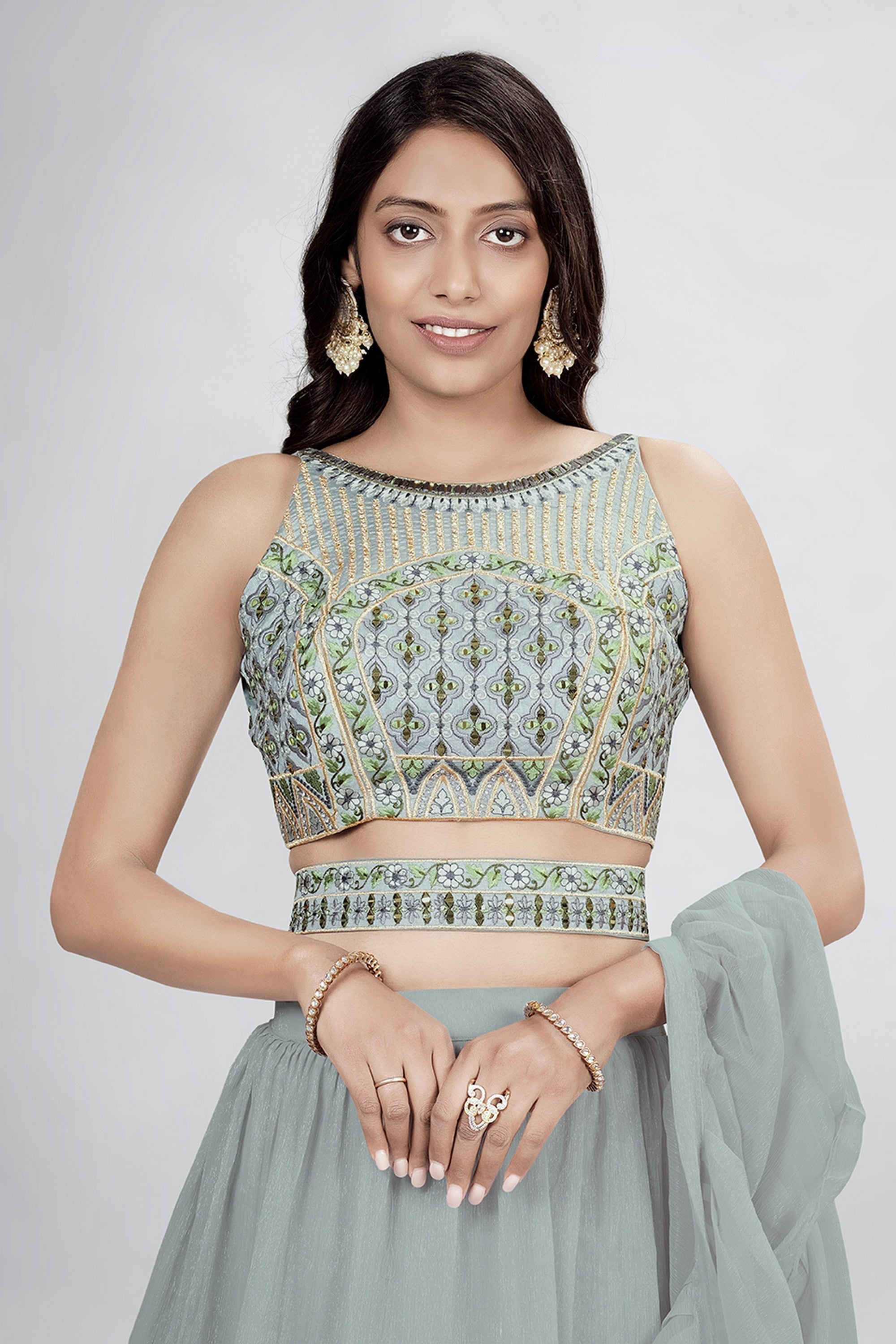 Gray Pakistani Art Silk Lehenga Choli For Indian Festivals & Weddings - Thread Embroidery Work,
