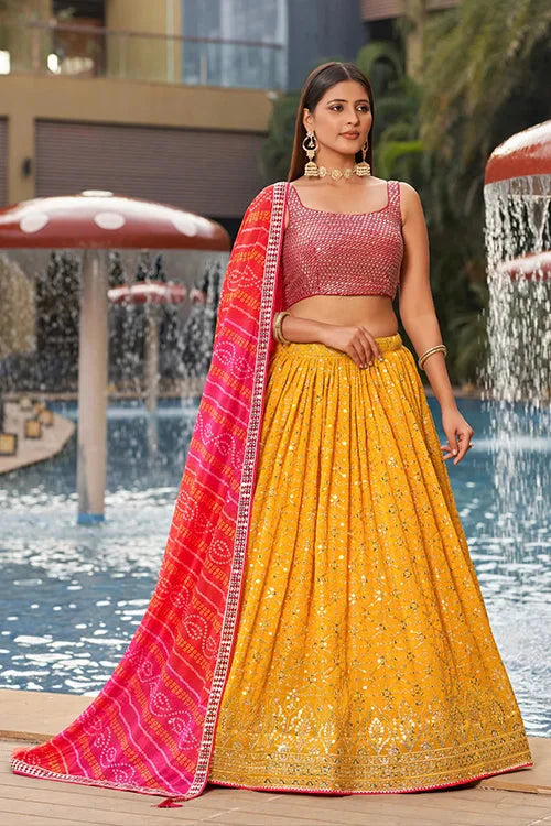 Greatfull collection In Marriage Season Lehenga Cholin With A Dupatta Yellow-Pink Colour