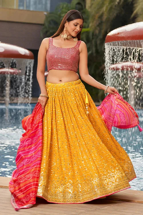 Latest Wedding Collection For Bridal Wear Lehenga Choli Yellow-Pink
