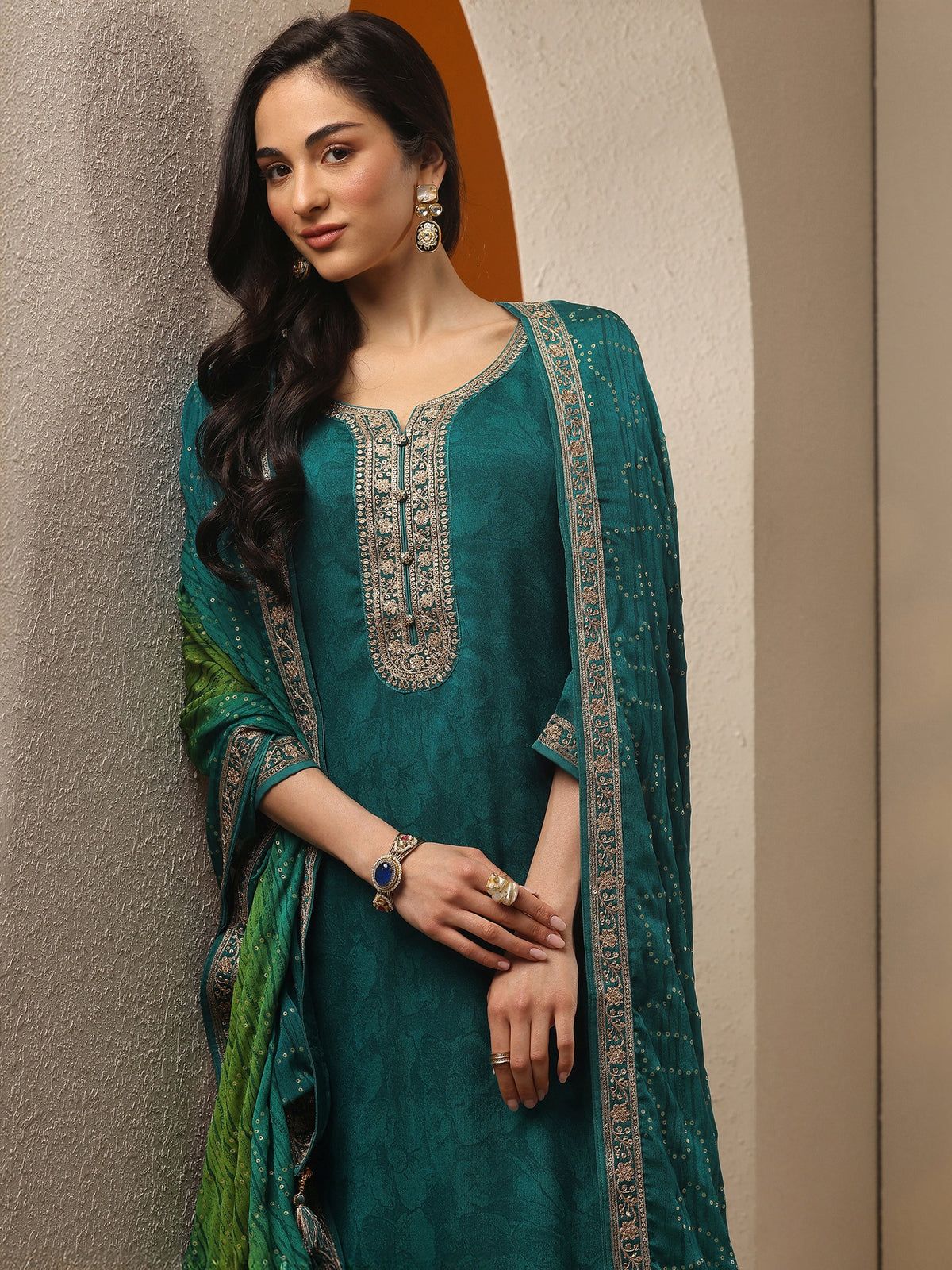 Anouk Green Embroidered Silk Blend Straight Suit Set With Dupatta