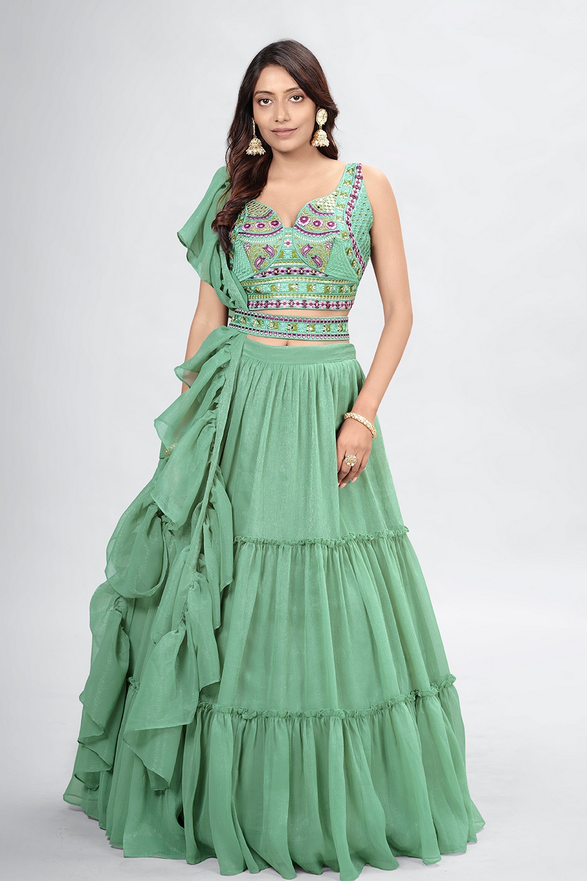 Green Pakistani Art Silk Lehenga Choli For Indian Festivals & Weddings - Thread Embroidery Work,