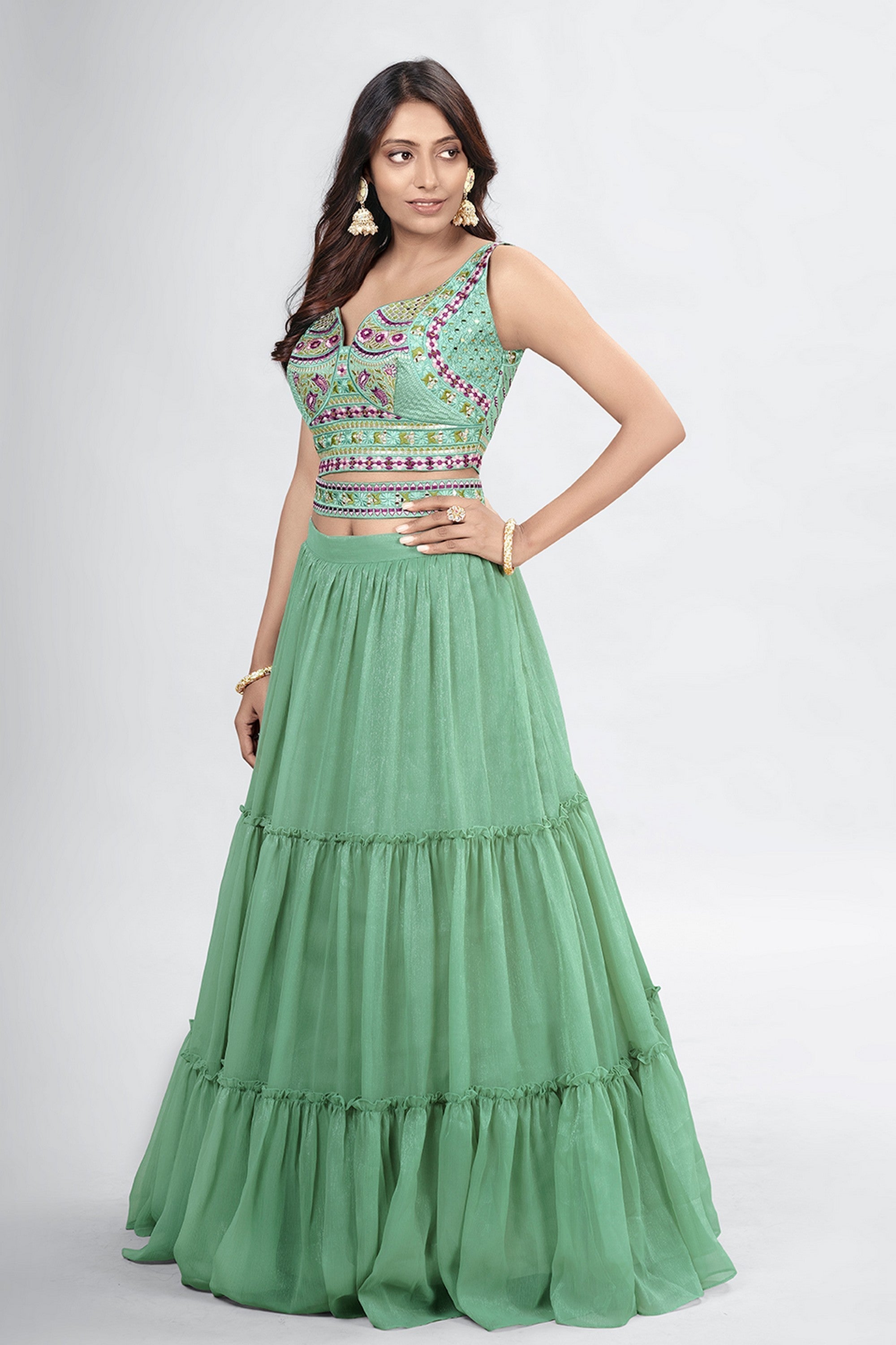 Green Pakistani Art Silk Lehenga Choli For Indian Festivals & Weddings - Thread Embroidery Work,
