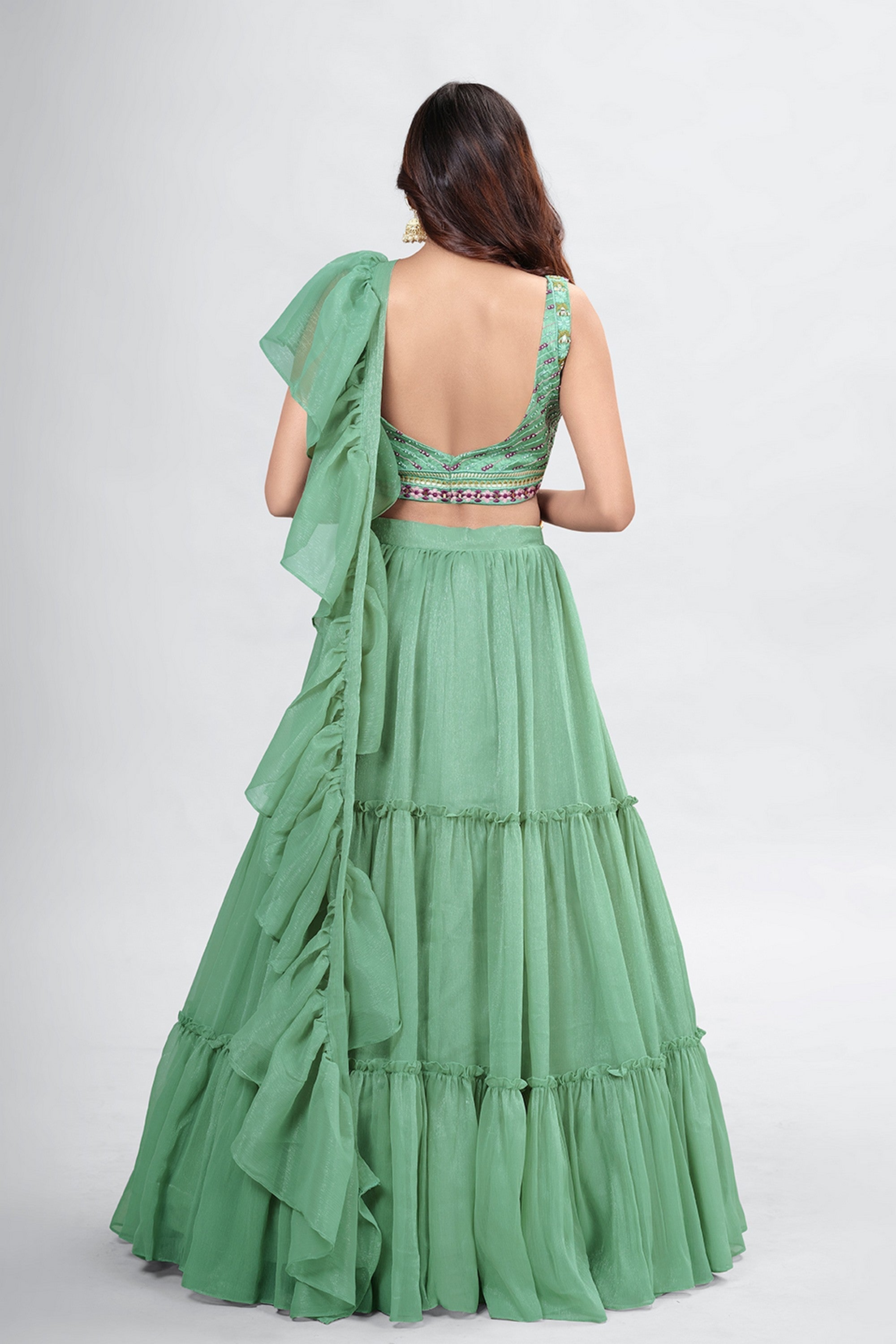 Green Pakistani Art Silk Lehenga Choli For Indian Festivals & Weddings - Thread Embroidery Work,