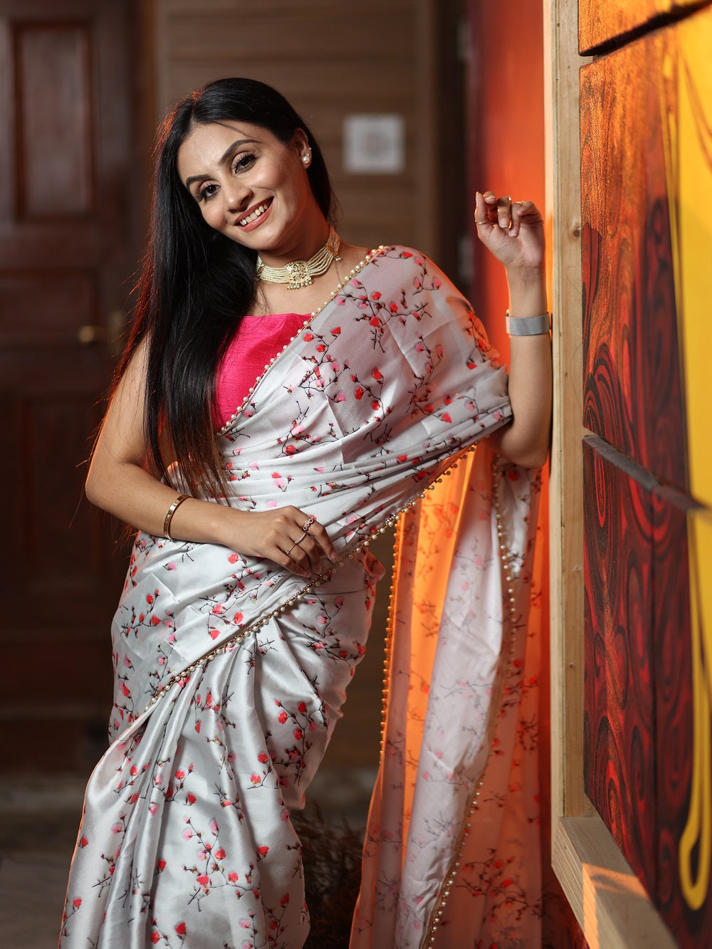 Grey Color Digital Printed Japan Satin Saree With Pearl Lace Border
