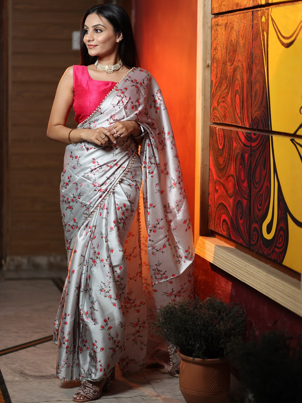Grey Color Digital Printed Japan Satin Saree With Pearl Lace Border
