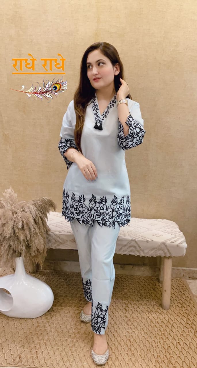Light Grey Cutwork Embroidery Co-Ord Set in Rayon Fabric