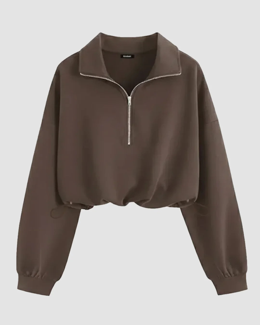High Neck Loose-Fit Cropped Hem Solid Long Sleeve Hoodie in Chocolate