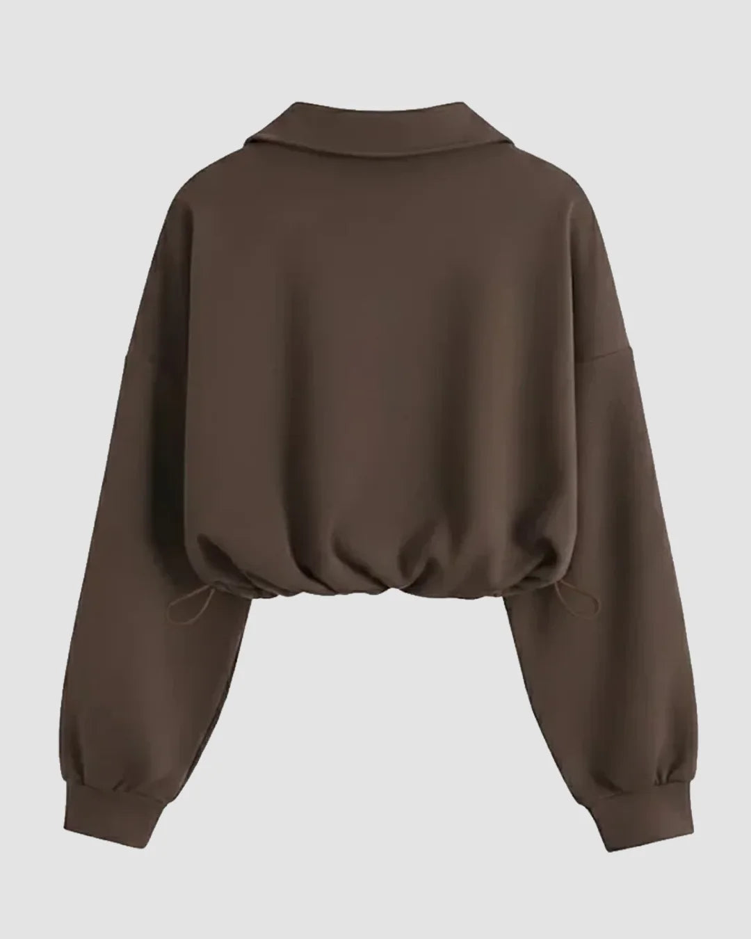 High Neck Loose-Fit Cropped Hem Solid Long Sleeve Hoodie in Chocolate