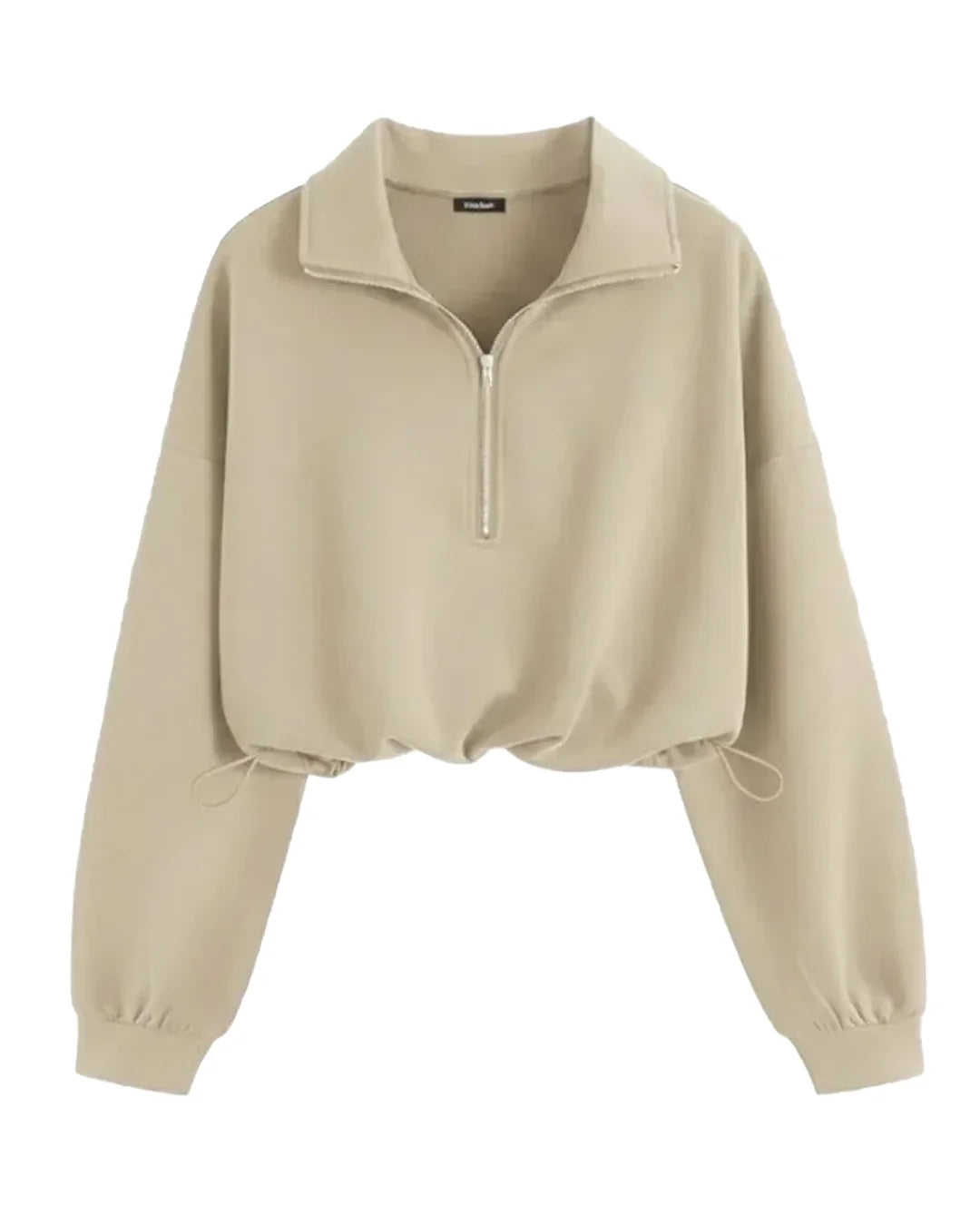 High Neck Loose-Fit Cropped Hem Solid Long Sleeve Hoodie in Beige