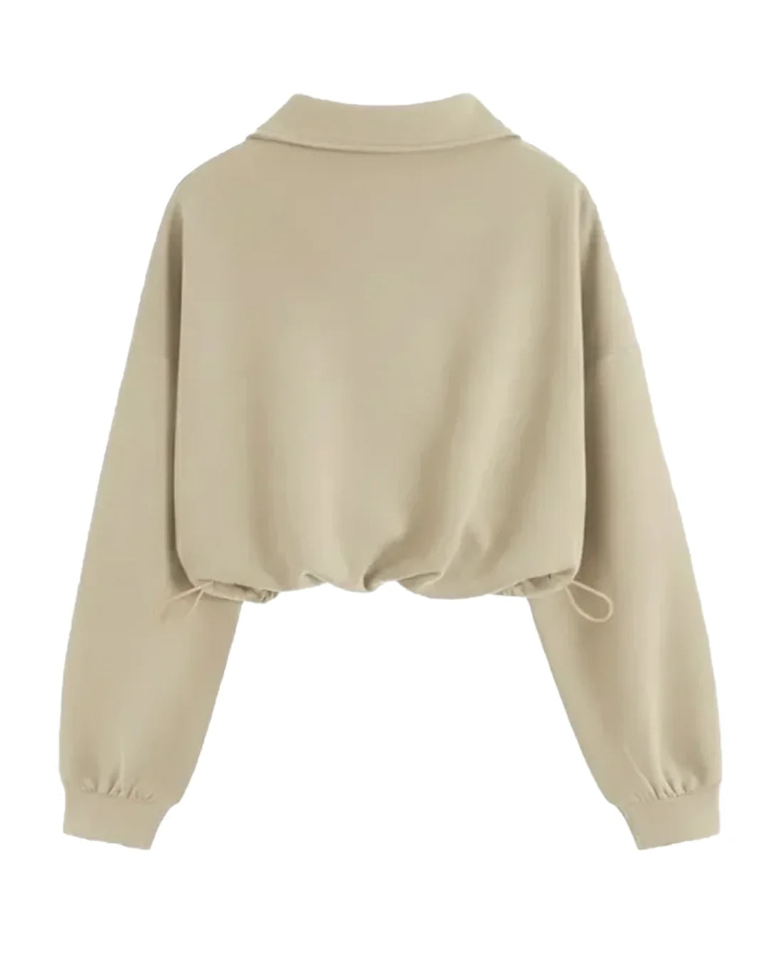 High Neck Loose-Fit Cropped Hem Solid Long Sleeve Hoodie in Beige