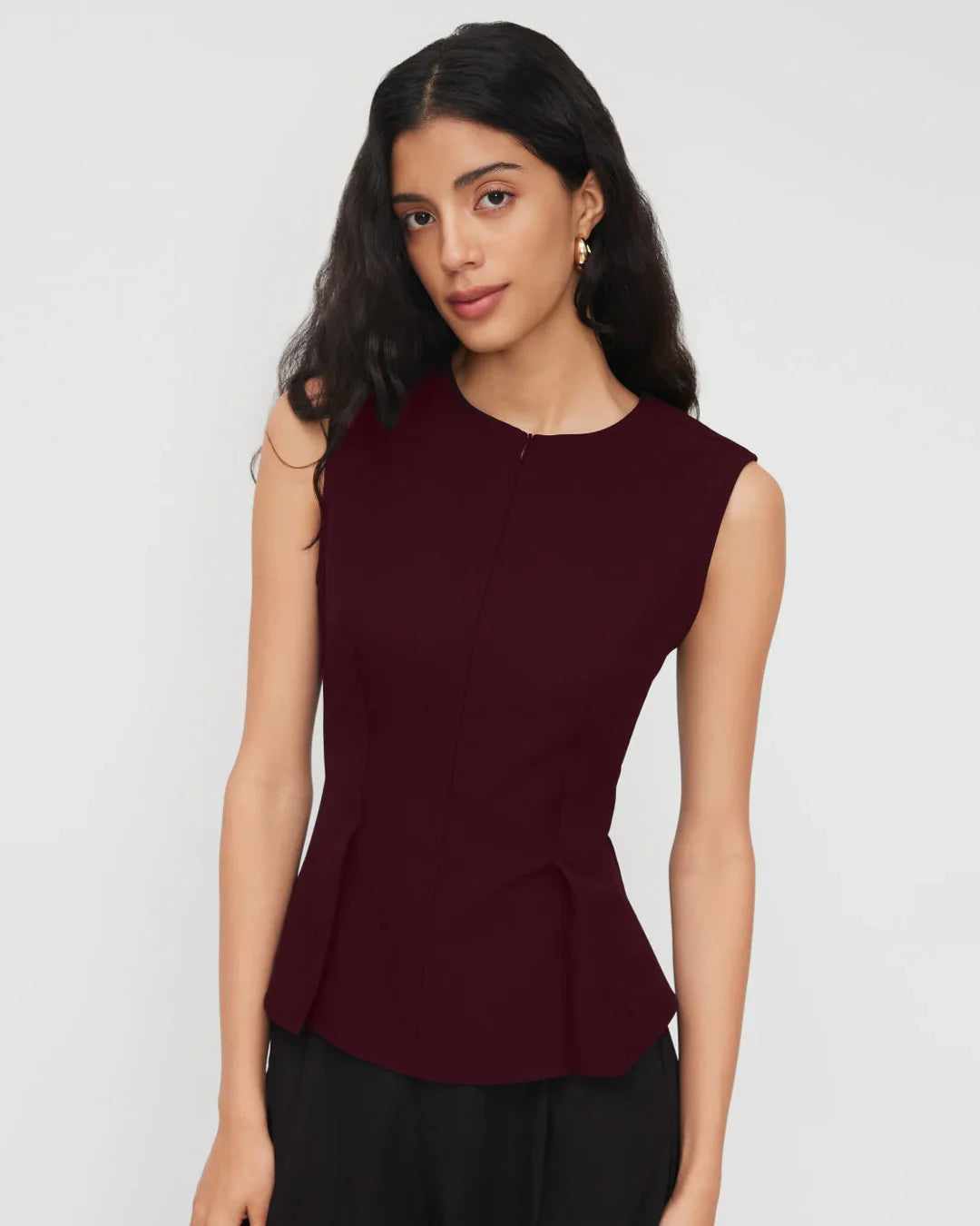 Half Zip Pleated Top in Maroon