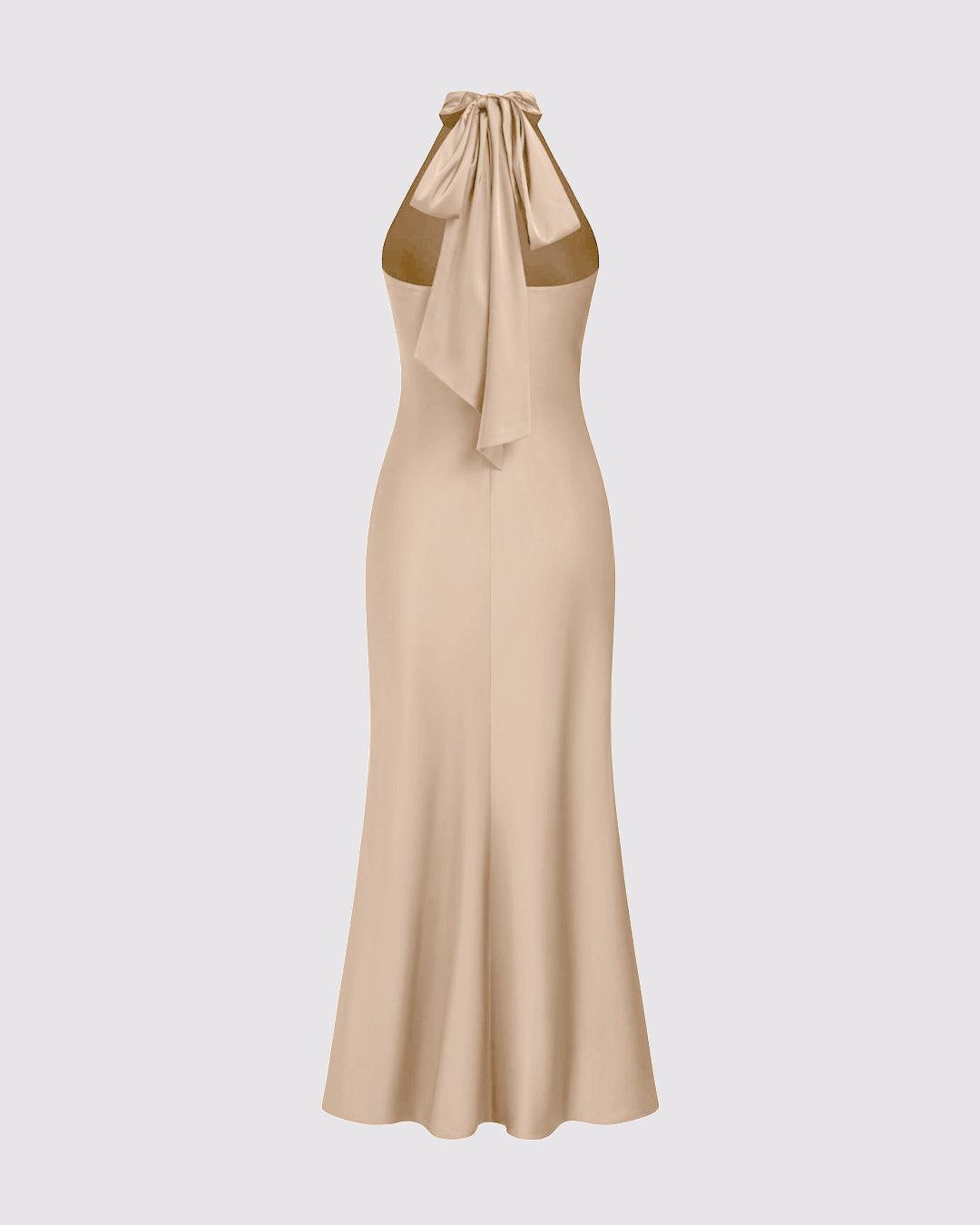 Halter-Neck A-Line Dress In Beige