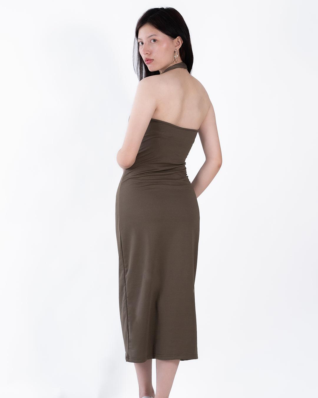 Halter Neck Asymmetrical Midi Dress In Brown