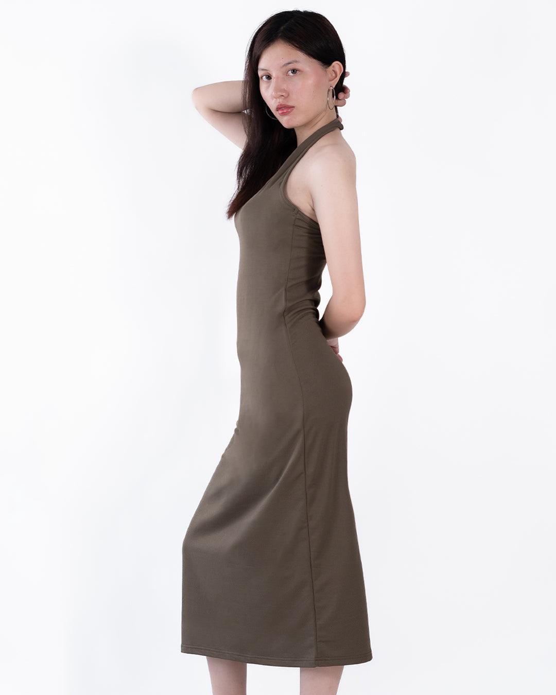 Halter Neck Asymmetrical Midi Dress In Brown