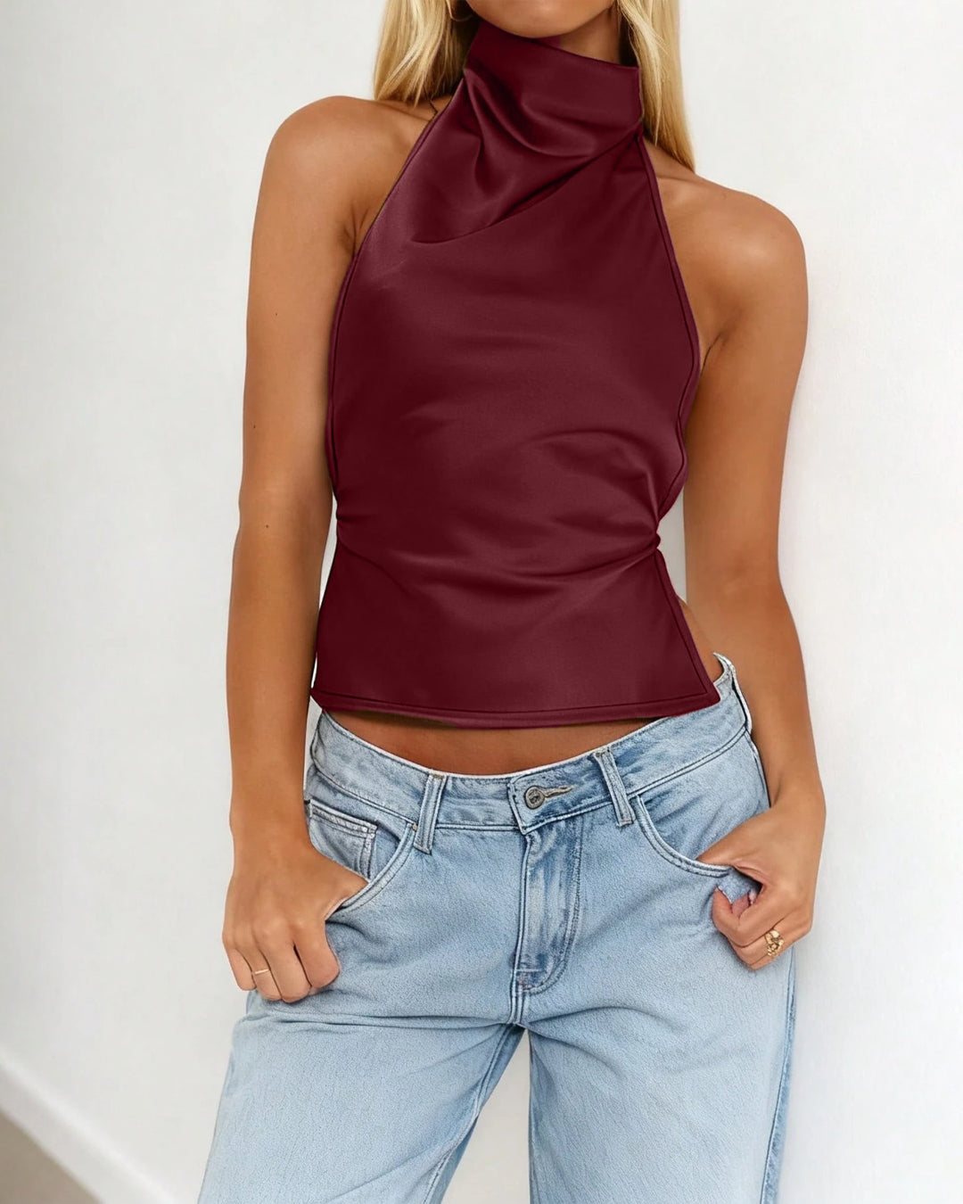 Halter Neck Backless Sleeveless Top in Red