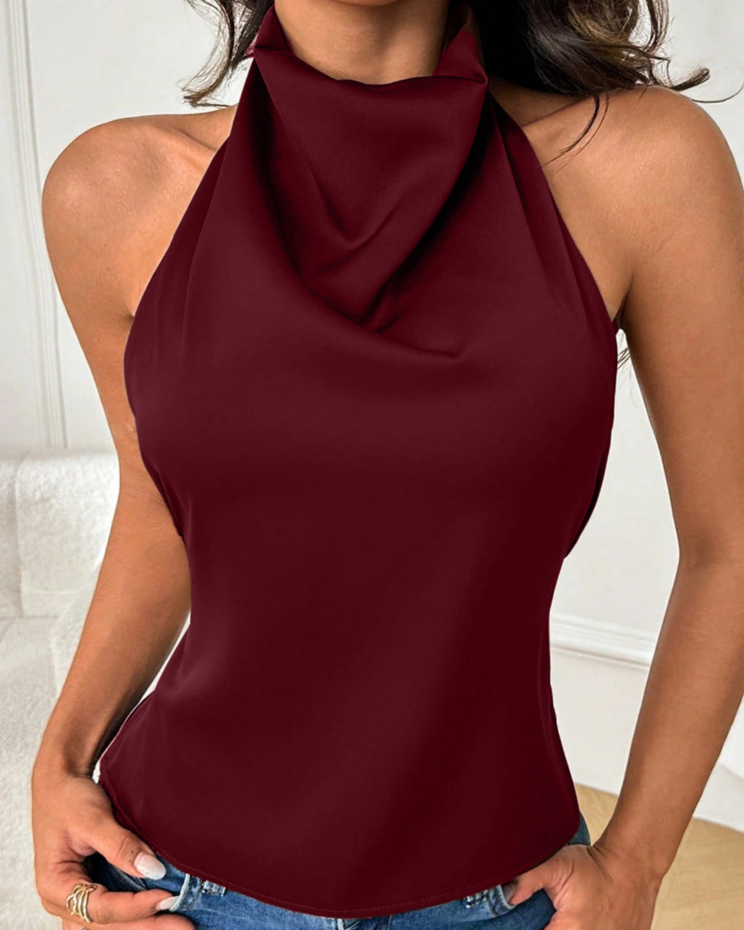 Halter Neck Backless Sleeveless Top in Red
