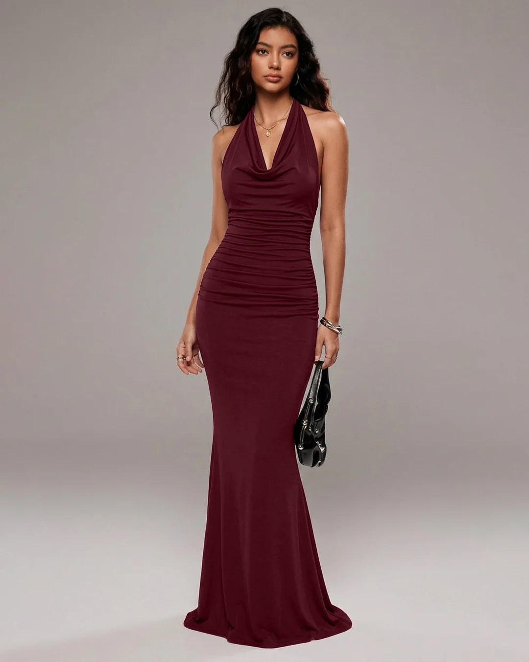 Halter Neck Bodycon Party Wear Maxi Dress in Maroon