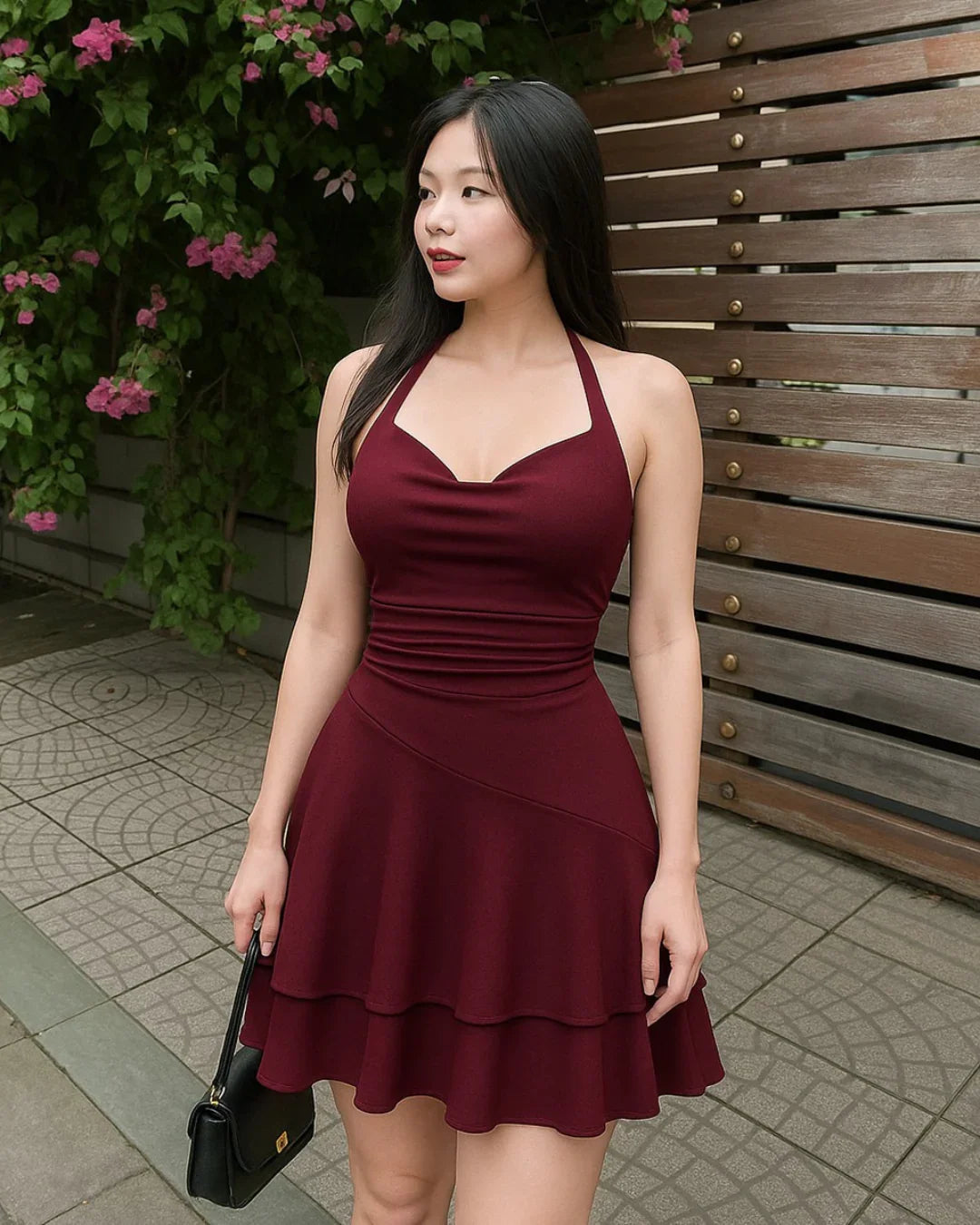 Halter Neck Mini Dress with Ruffle Hem in Maroon
