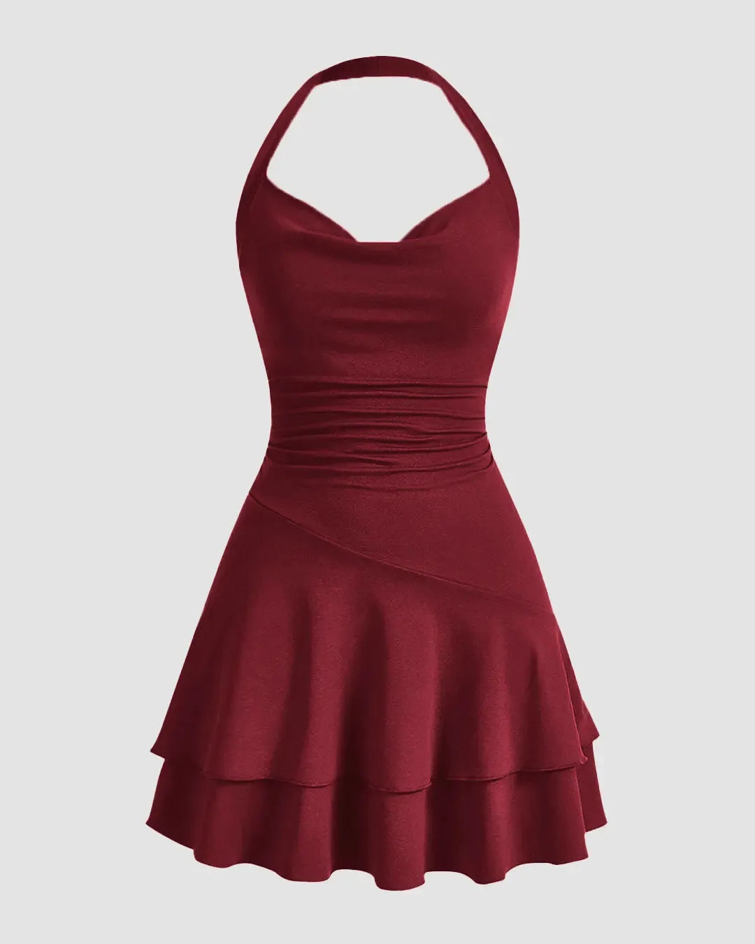 Halter Neck Mini Dress with Ruffle Hem in Maroon
