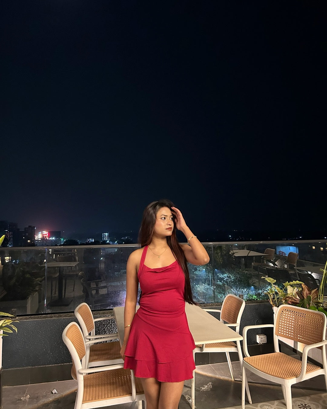 Halter Neck Mini Dress with Ruffle Hem in Maroon