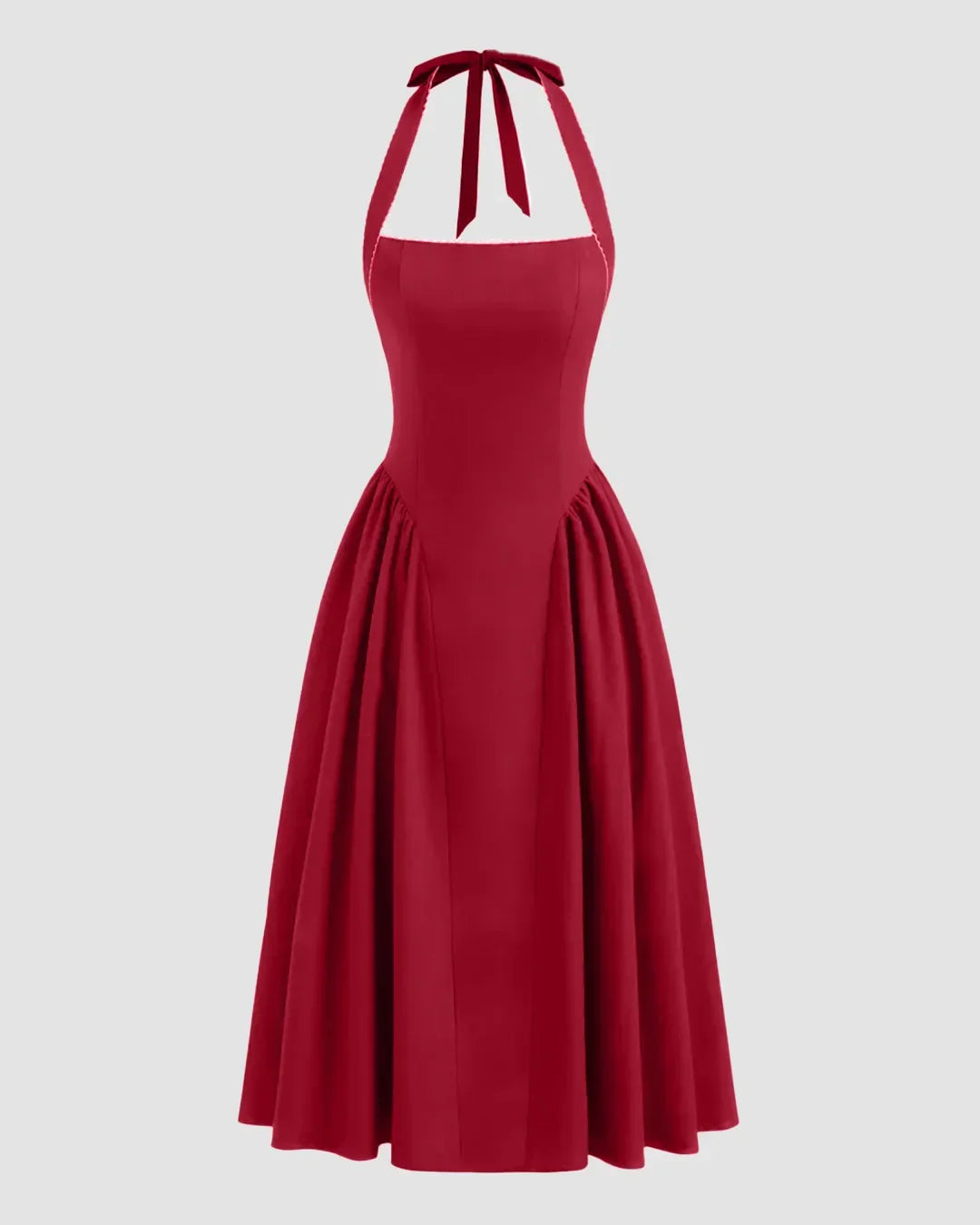 Halter Neck Pleated A-Line Midi Dress in Cherry