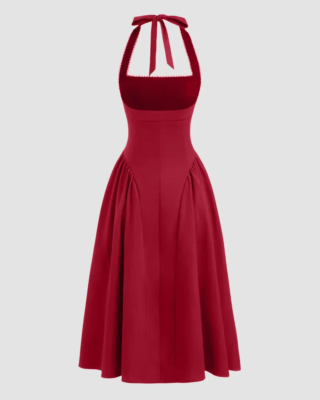 Halter Neck Pleated A-Line Midi Dress in Cherry
