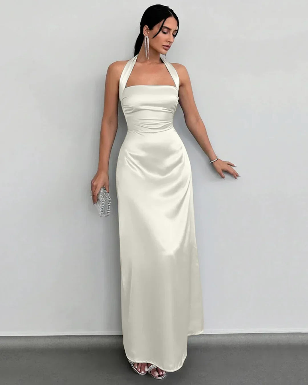 Halter Neck Ruched Backless Long Dress in Off White