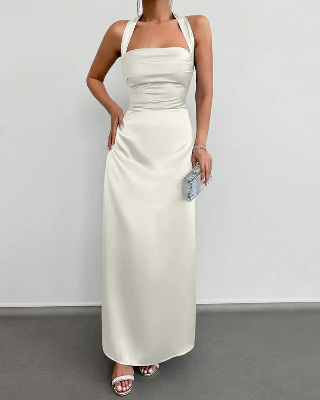 Halter Neck Ruched Backless Long Dress in Off White